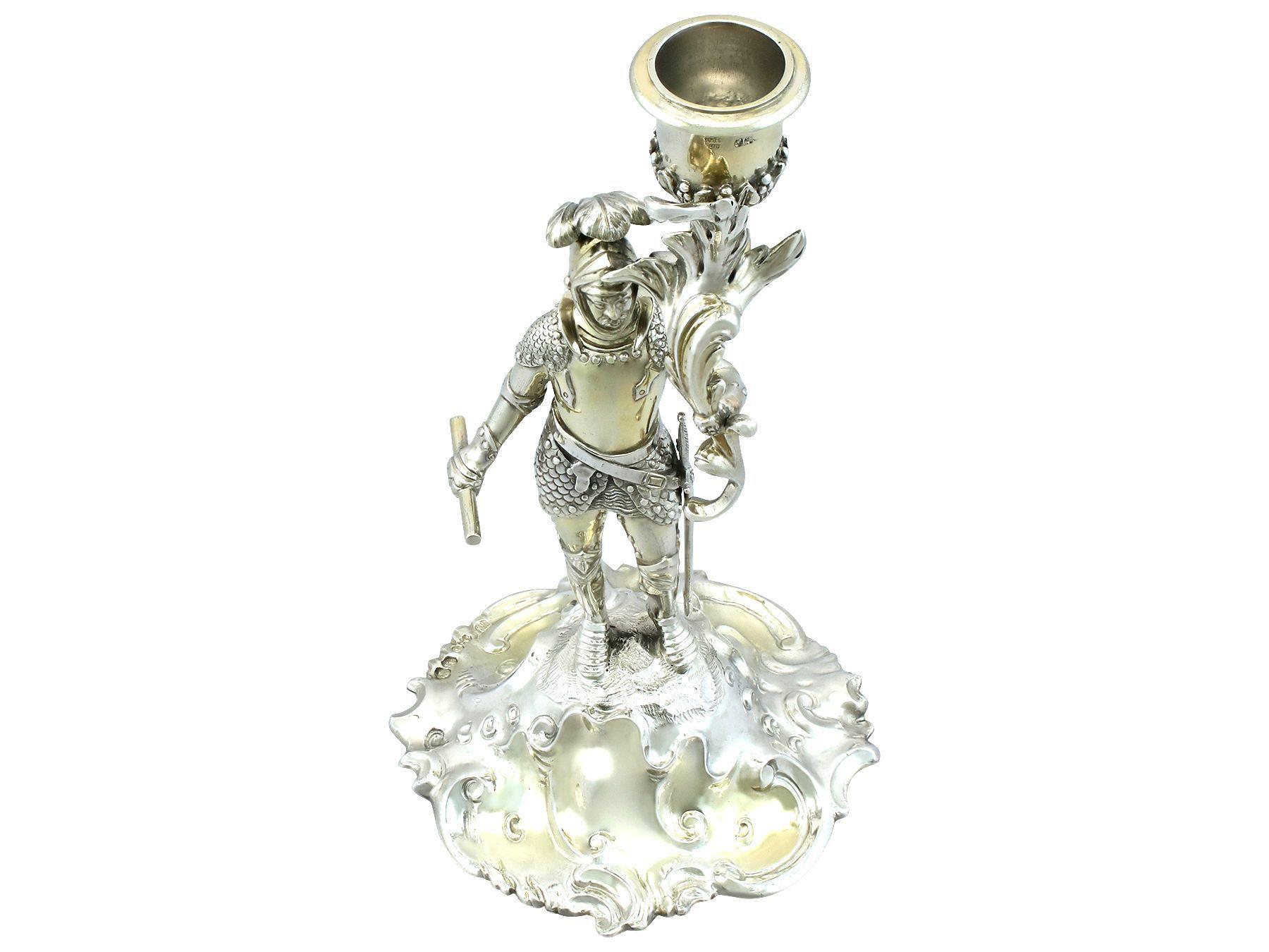 English Victorian Sterling Silver Gilt Figural Candle Holder For Sale