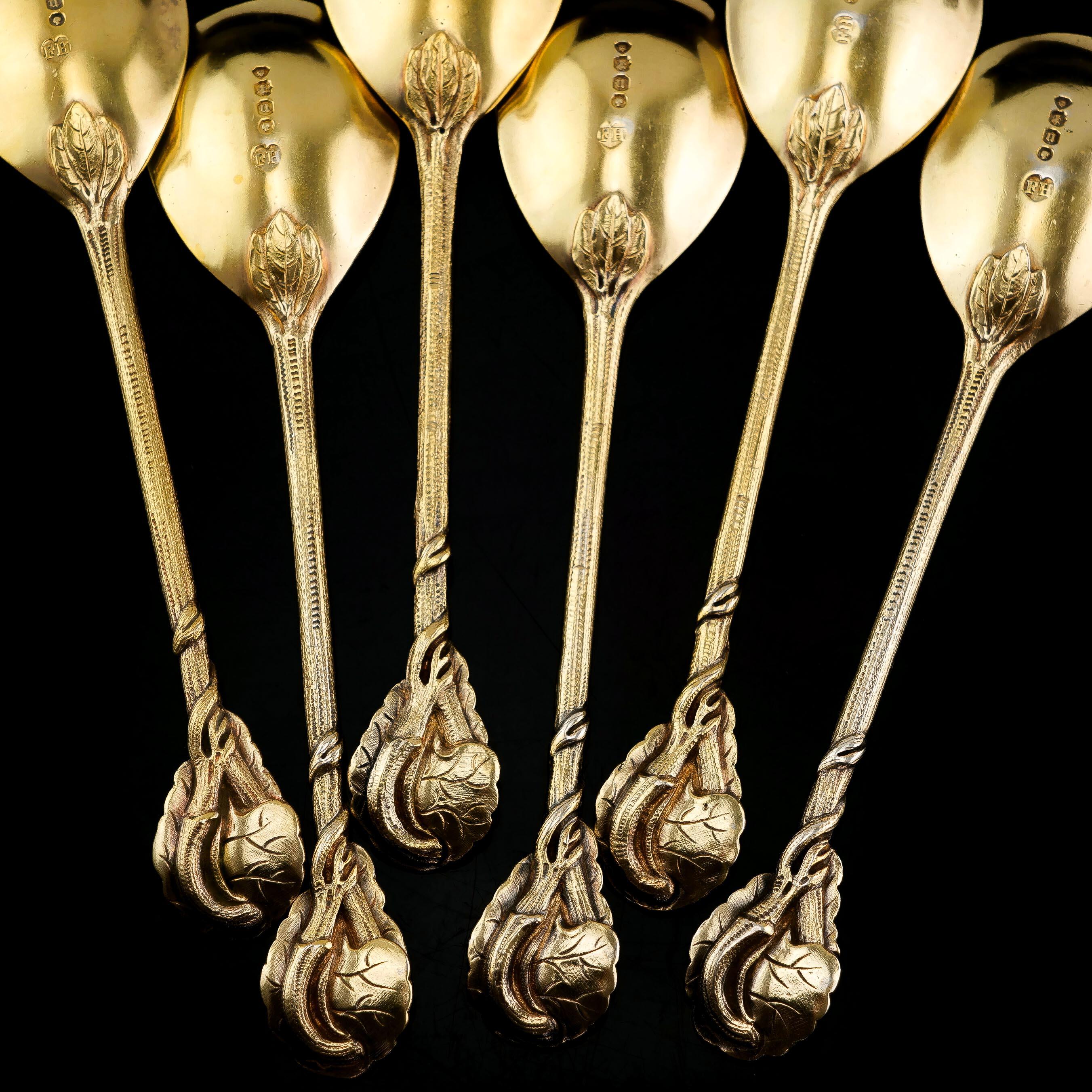 Antique Victorian Sterling Silver Gilt Set of 6 Spoons, Francis Higgins 1875 For Sale 4
