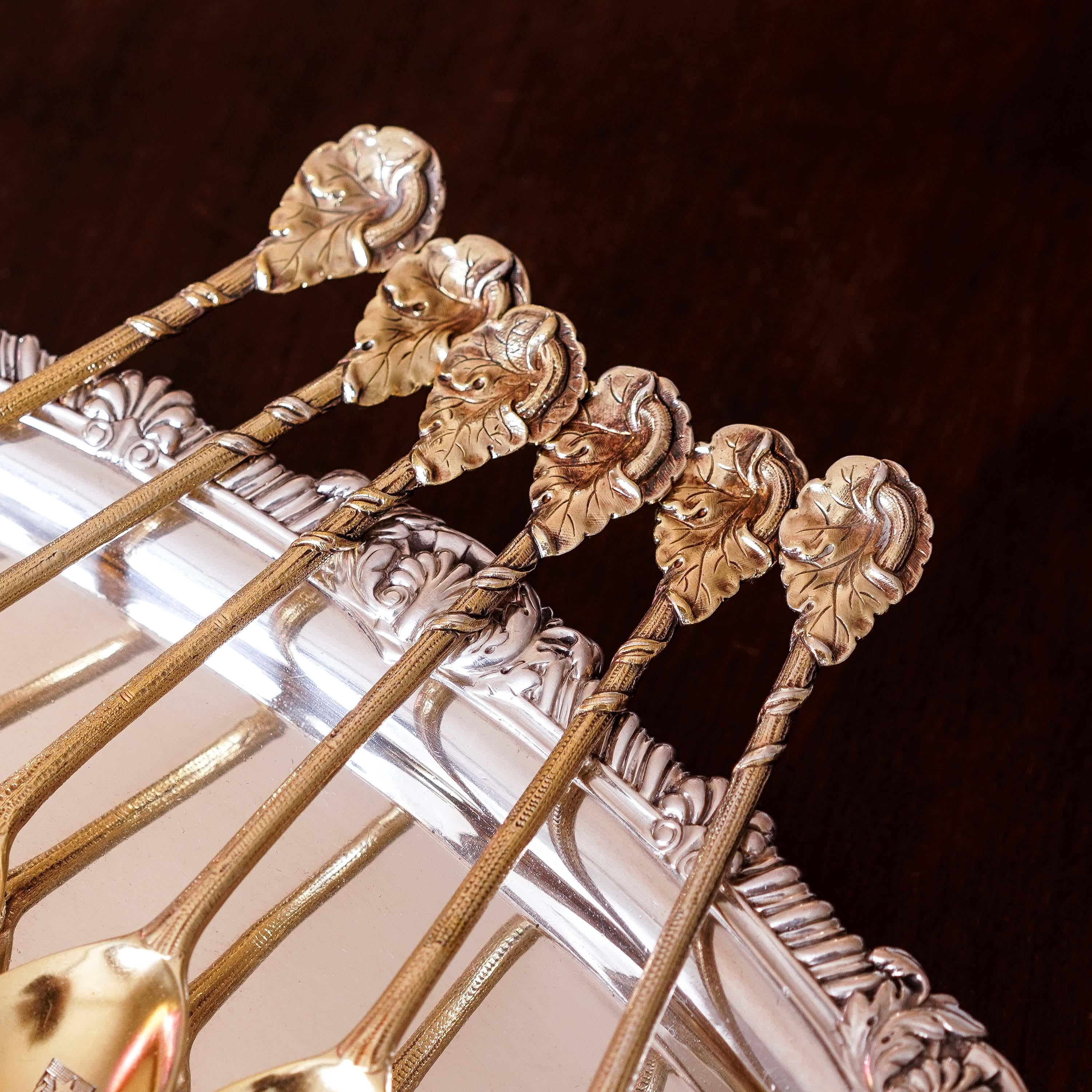 Antique Victorian Sterling Silver Gilt Set of 6 Spoons, Francis Higgins 1875 For Sale 8