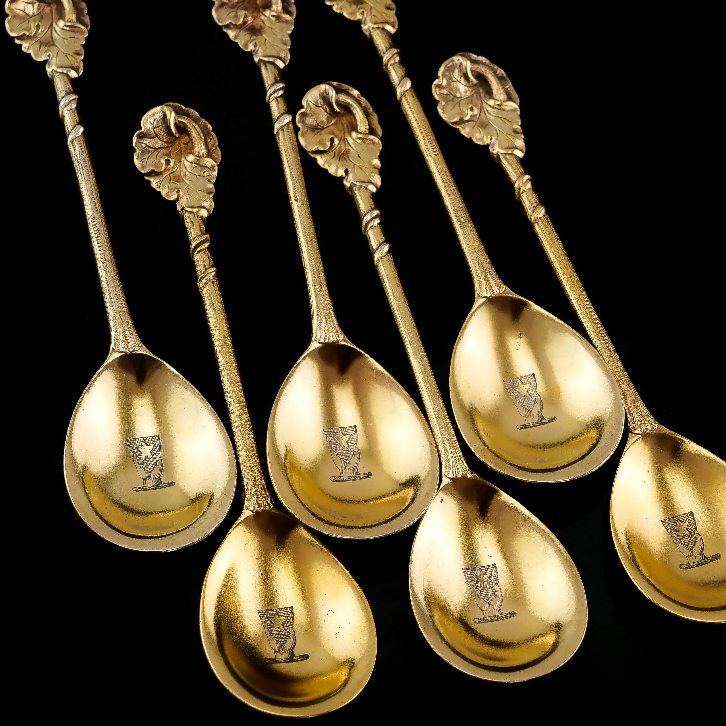 English Antique Victorian Sterling Silver Gilt Set of 6 Spoons, Francis Higgins 1875 For Sale