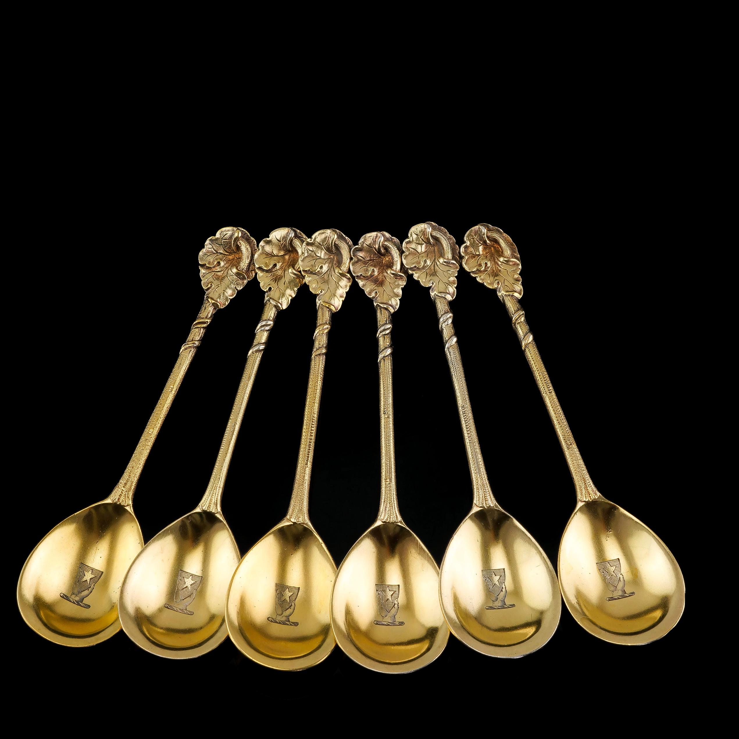 Antique Victorian Sterling Silver Gilt Set of 6 Spoons, Francis Higgins 1875 In Good Condition For Sale In London, GB