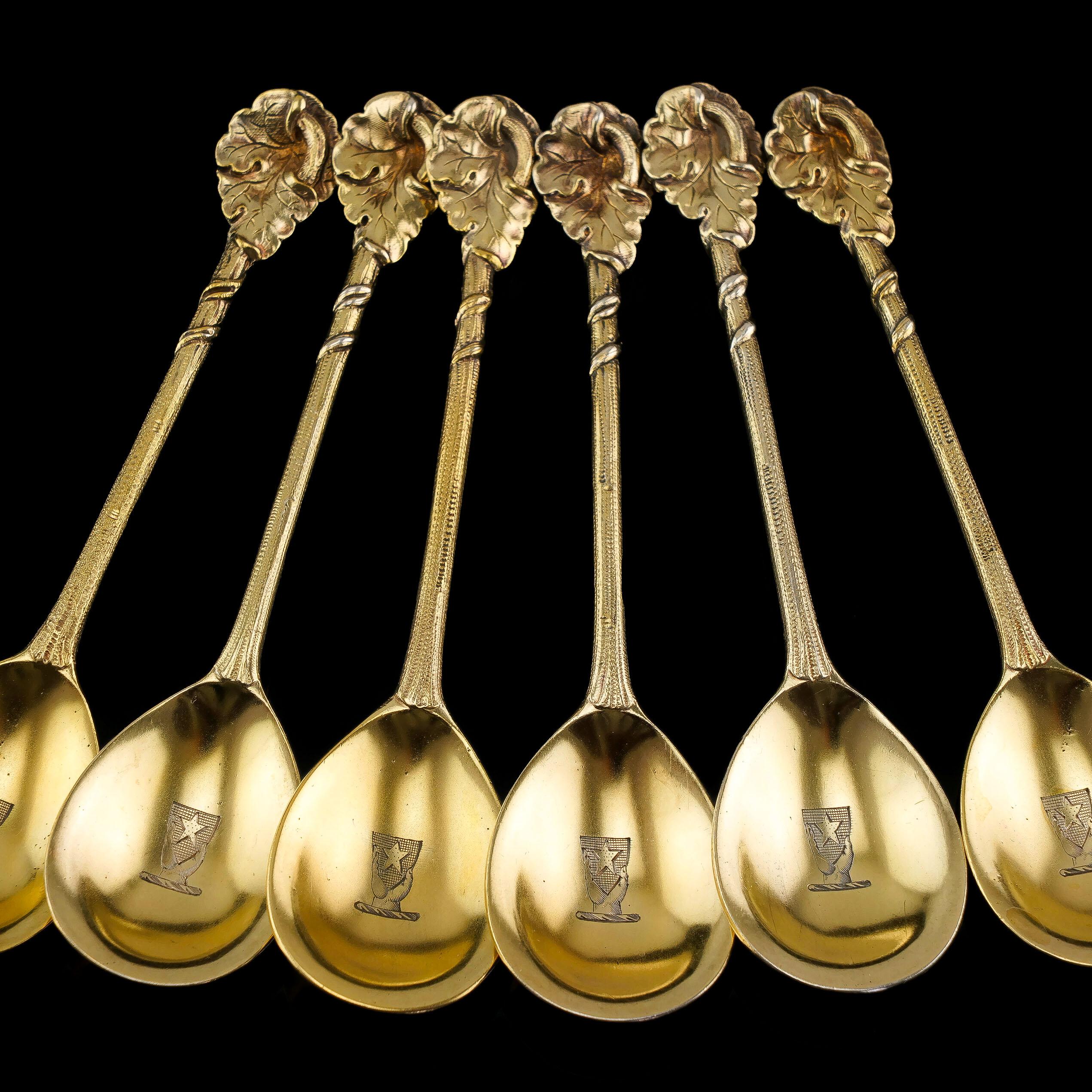 19th Century Antique Victorian Sterling Silver Gilt Set of 6 Spoons, Francis Higgins 1875 For Sale