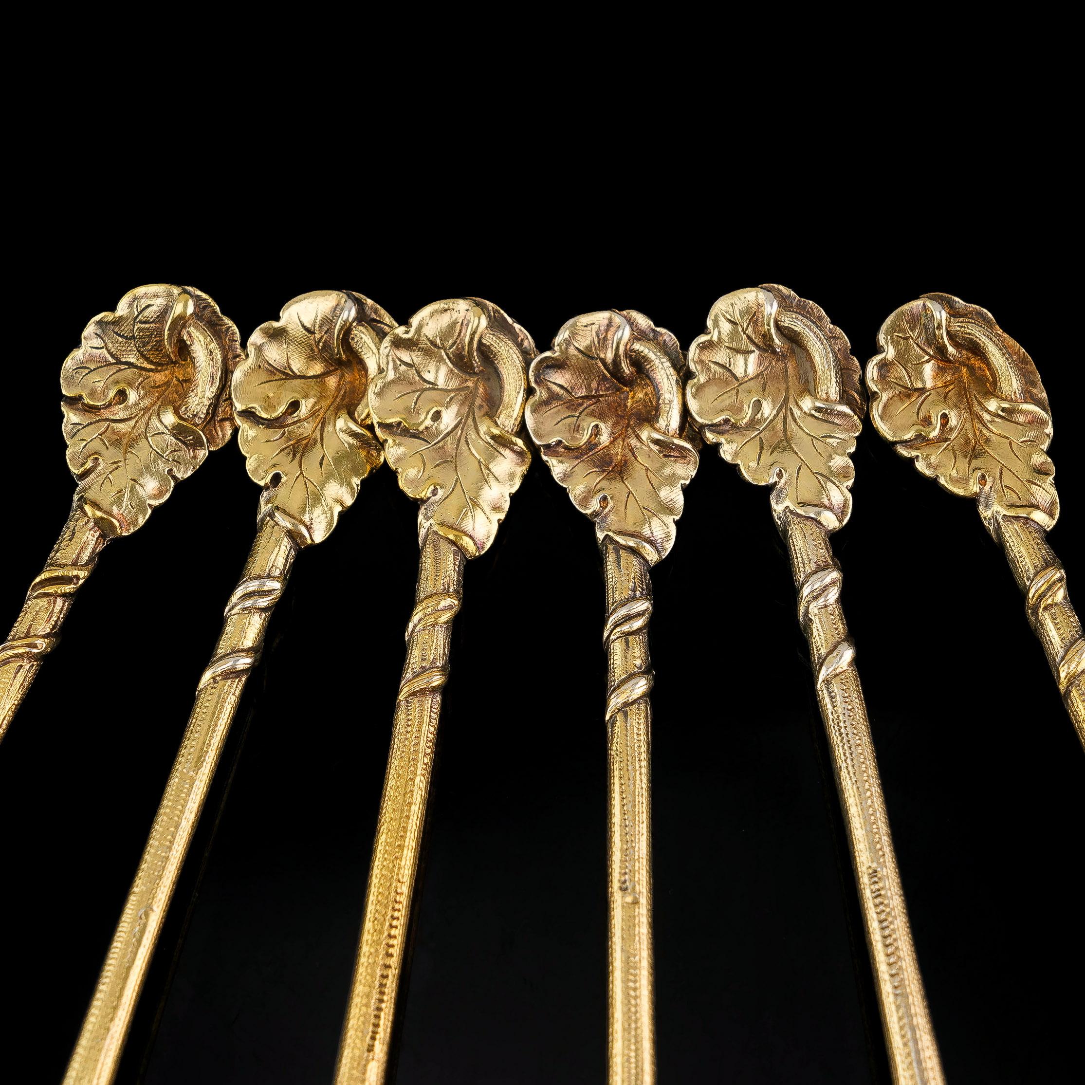 XIXe siècle Ensemble de 6 cuillères victorien ancien en argent sterling doré, Francis Higgins 1875 en vente