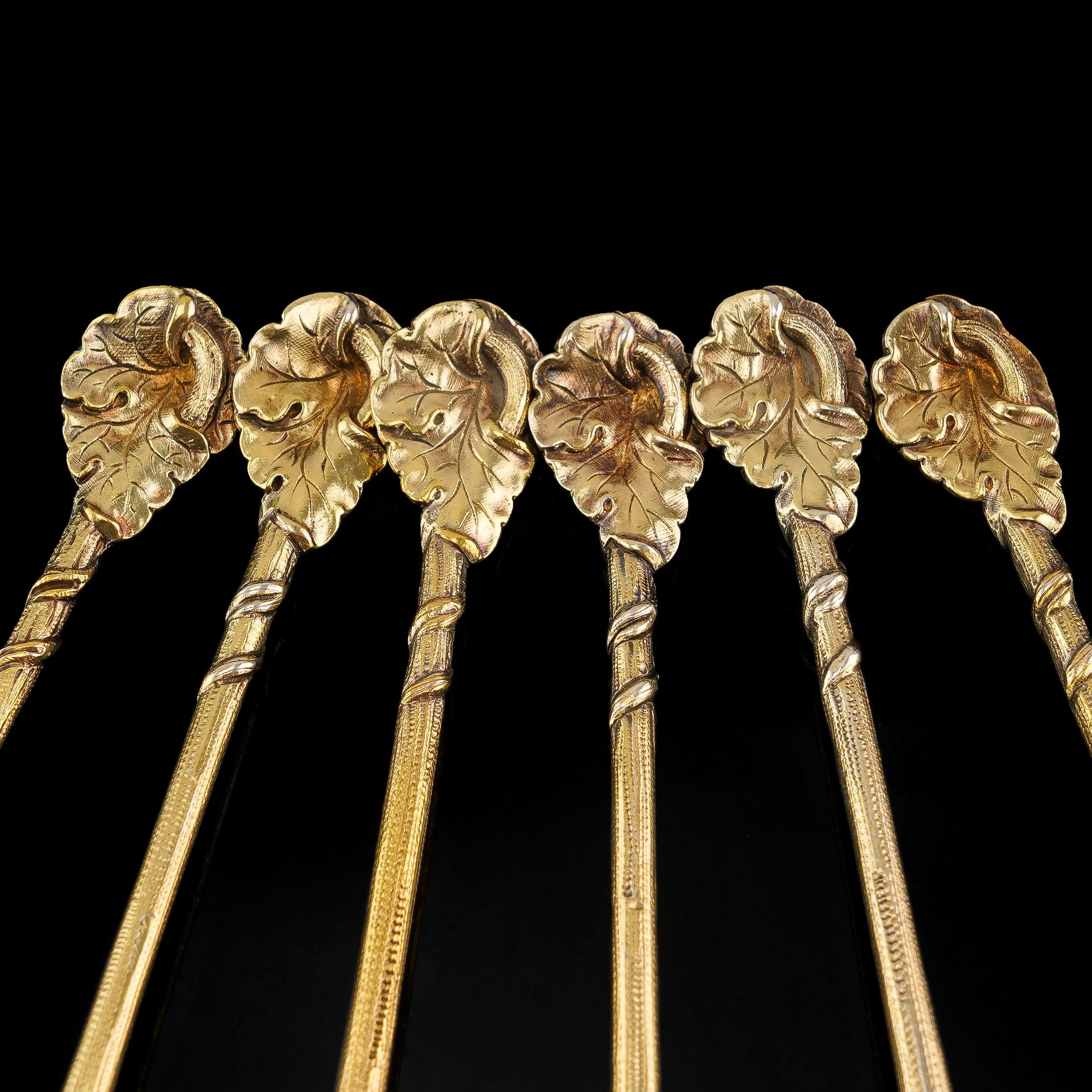 Vermeil Antique Victorian Sterling Silver Gilt Set of 6 Spoons, Francis Higgins 1875 For Sale