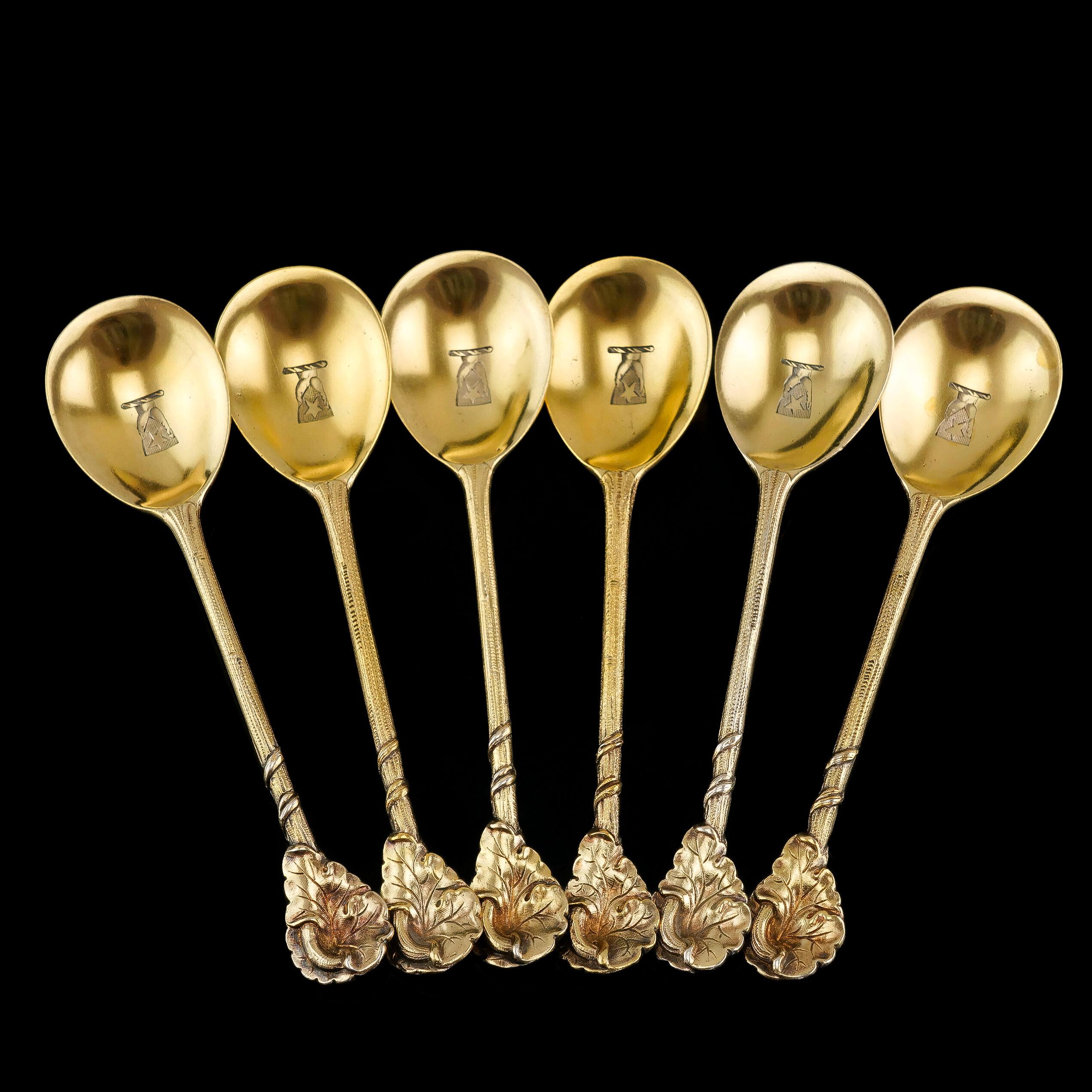 Antique Victorian Sterling Silver Gilt Set of 6 Spoons, Francis Higgins 1875 For Sale 1