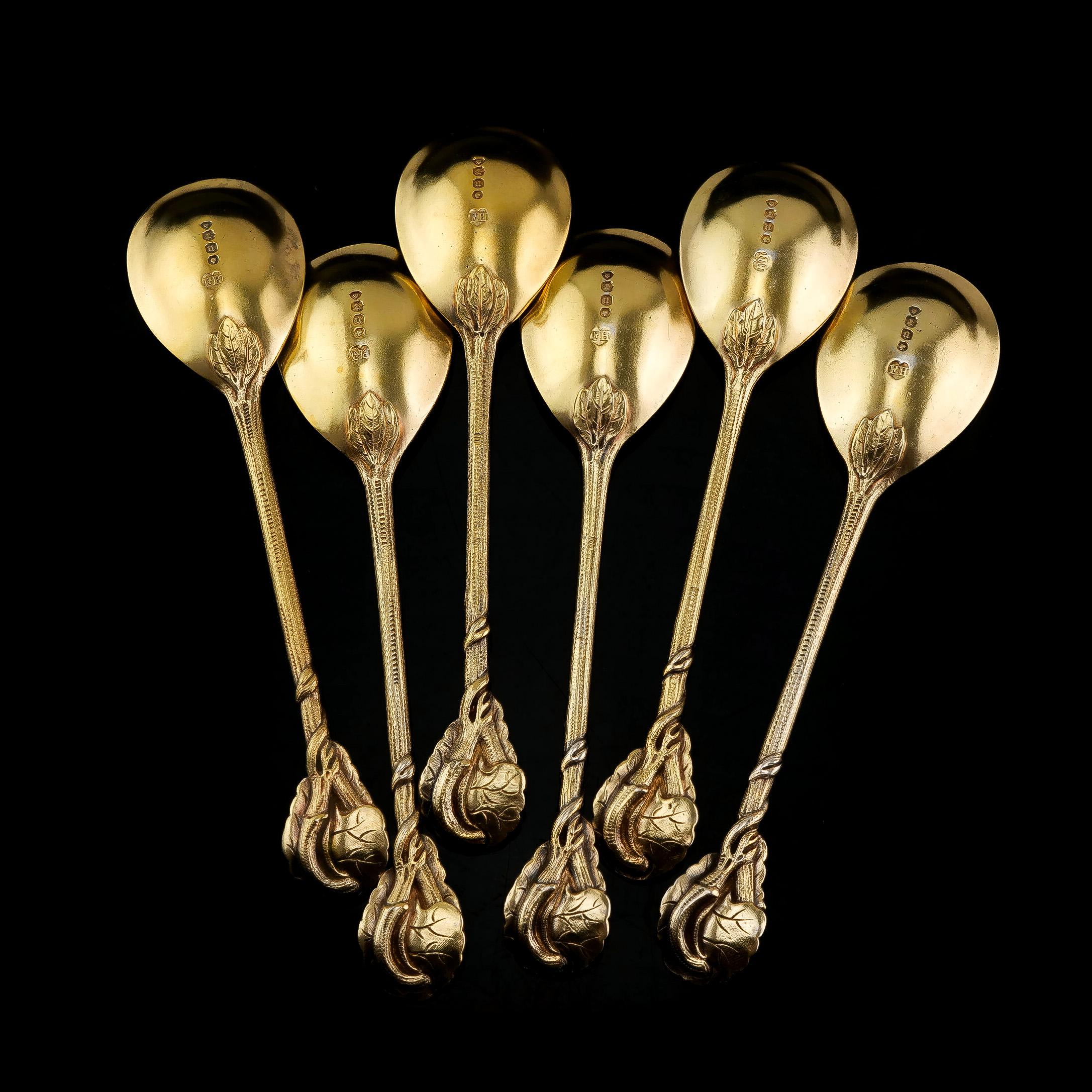 Antique Victorian Sterling Silver Gilt Set of 6 Spoons, Francis Higgins 1875 For Sale 3