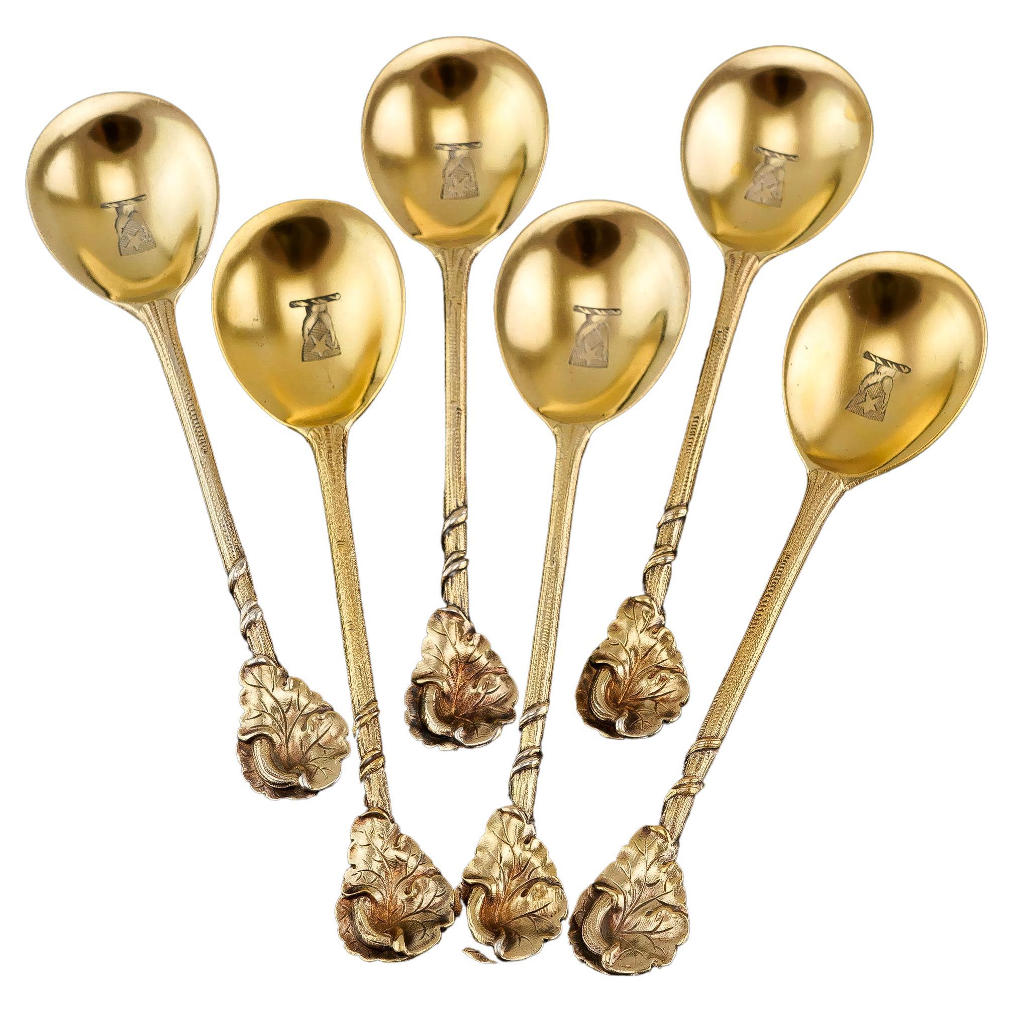 Antique Victorian Sterling Silver Gilt Set of 6 Spoons, Francis Higgins 1875