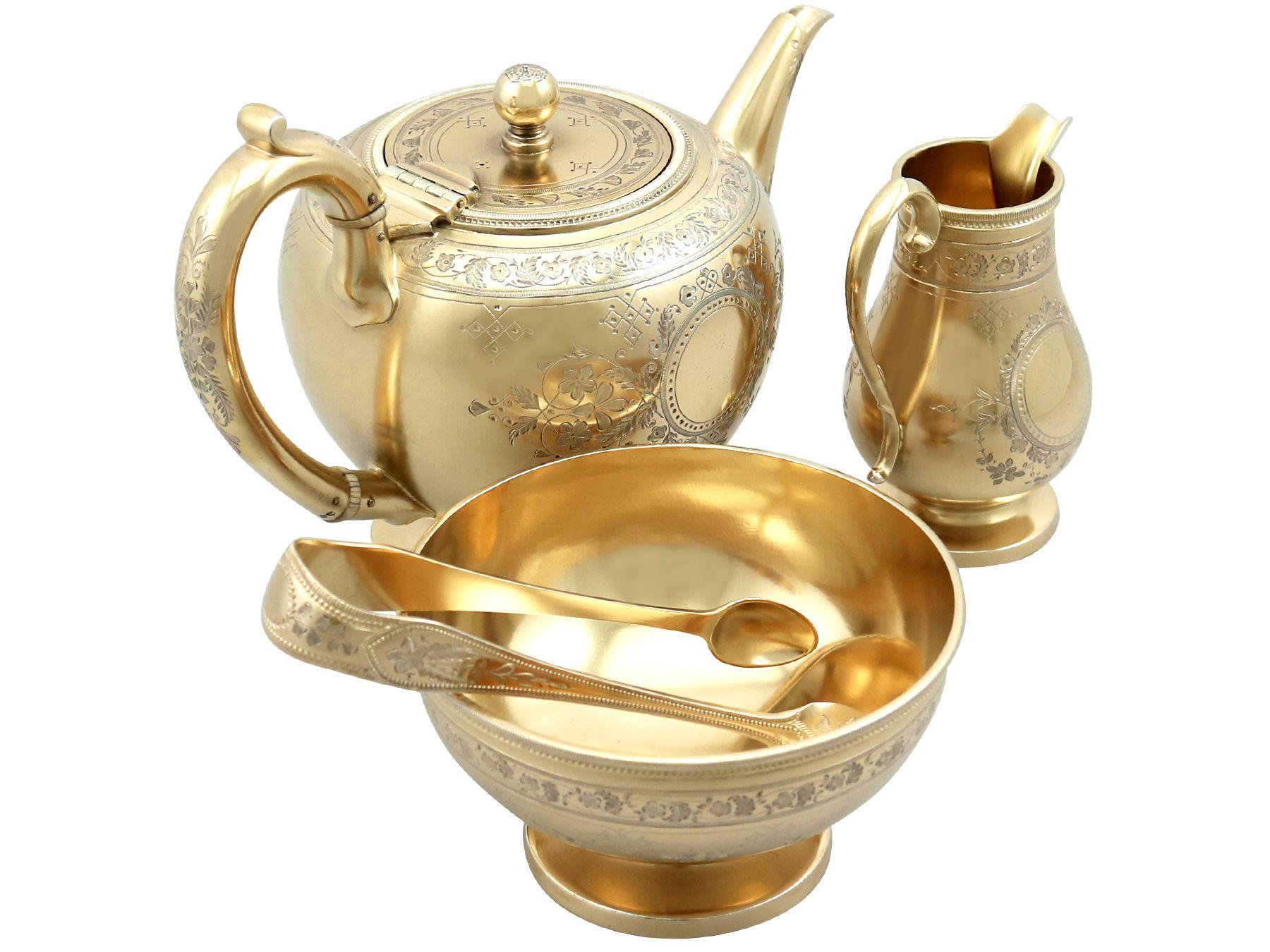 An exceptional, fine and impressive antique Victorian English sterling silver gilt three piece bachelor tea set/service; an addition to our diverse silver teaware collection

This exceptional antique Victorian sterling silver gilt three piece