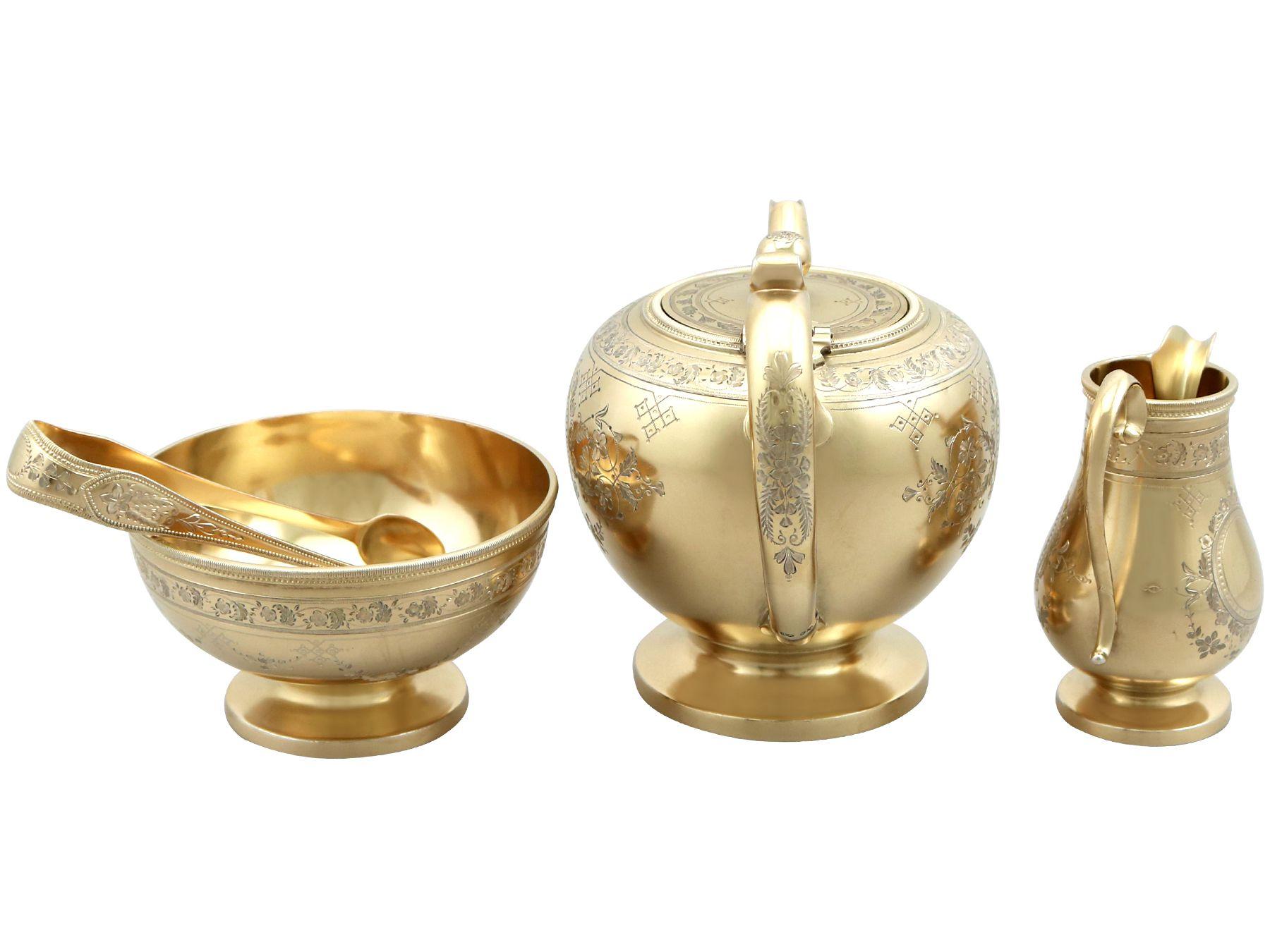 English Antique Victorian Sterling Silver Gilt Three Piece Bachelor Tea Service For Sale