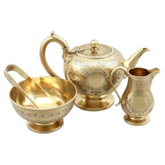 Antique Victorian Sterling Silver Gilt Three Piece Bachelor Tea Service