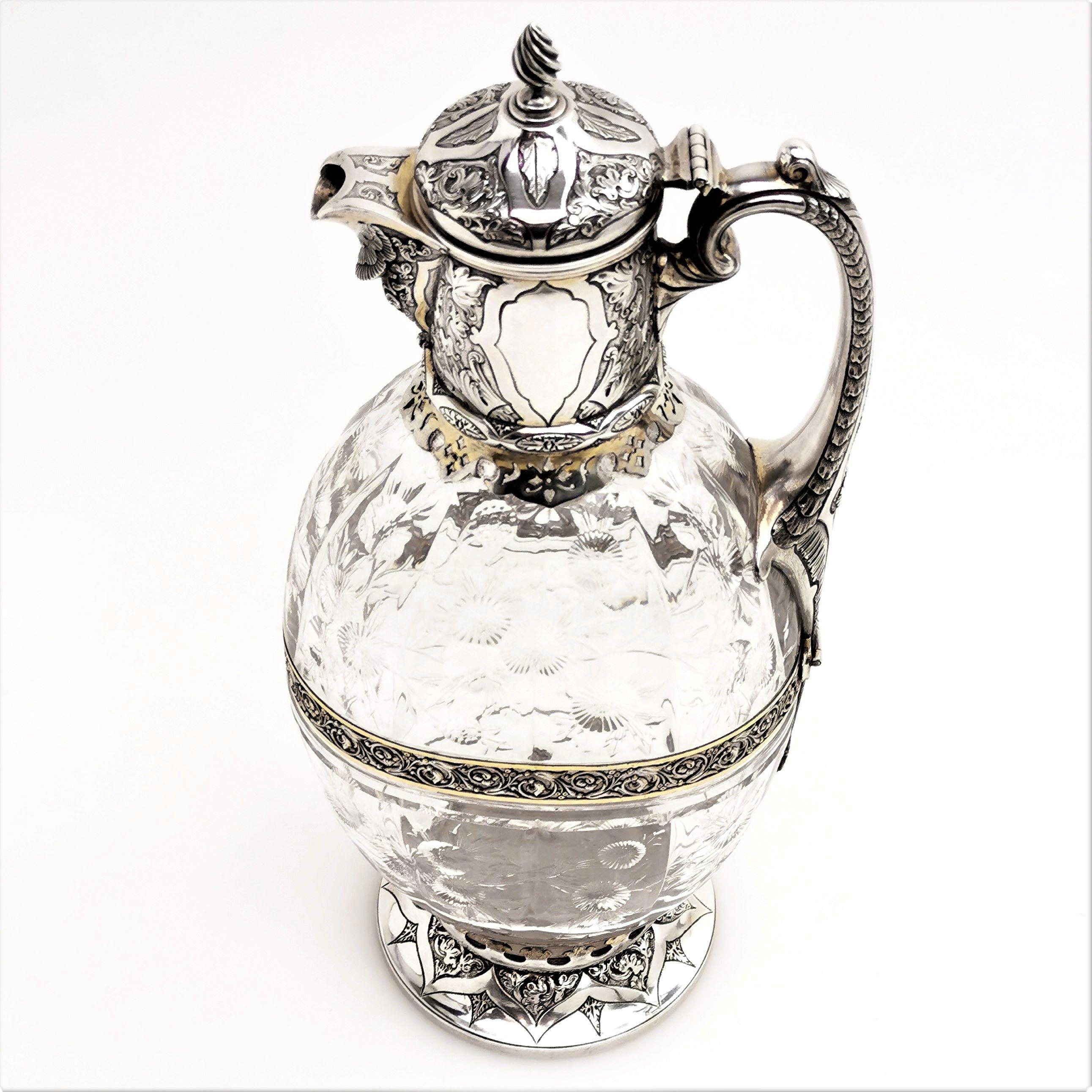 English Antique Victorian Sterling Silver & Glass Claret Jug / Wine Jug / Ewer, 1882