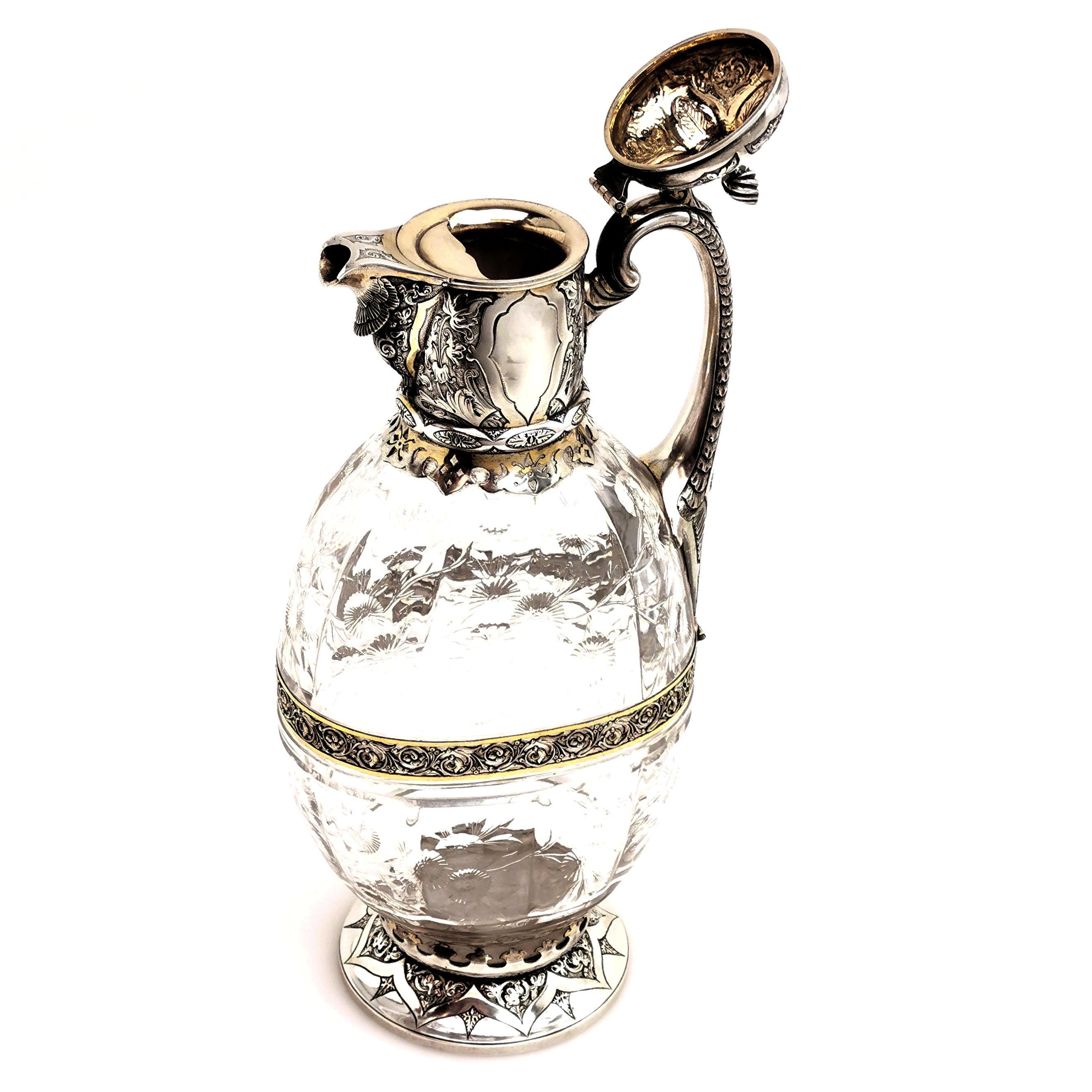 Antique Victorian Sterling Silver & Glass Claret Jug / Wine Jug / Ewer, 1882 In Good Condition In London, GB