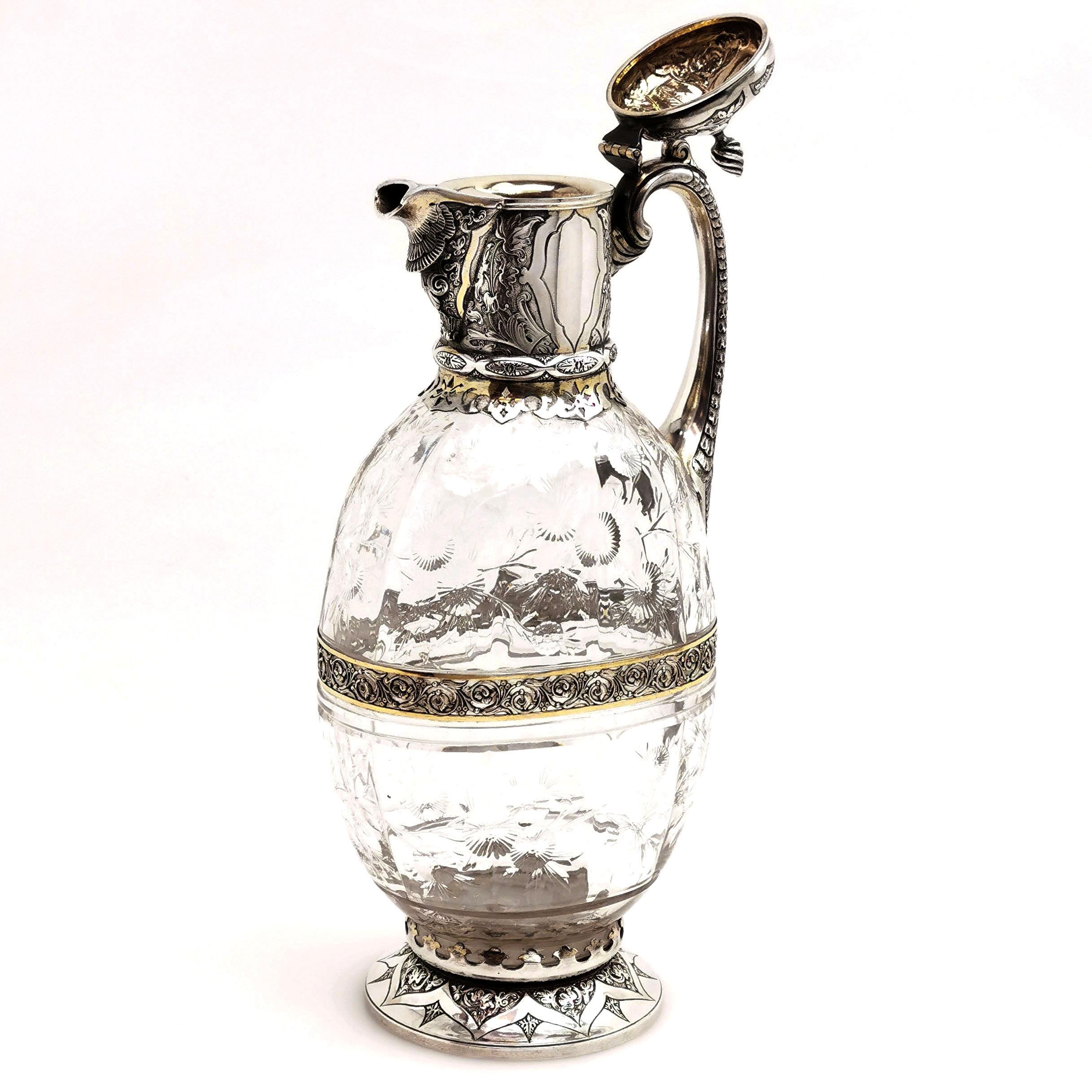 19th Century Antique Victorian Sterling Silver & Glass Claret Jug / Wine Jug / Ewer, 1882