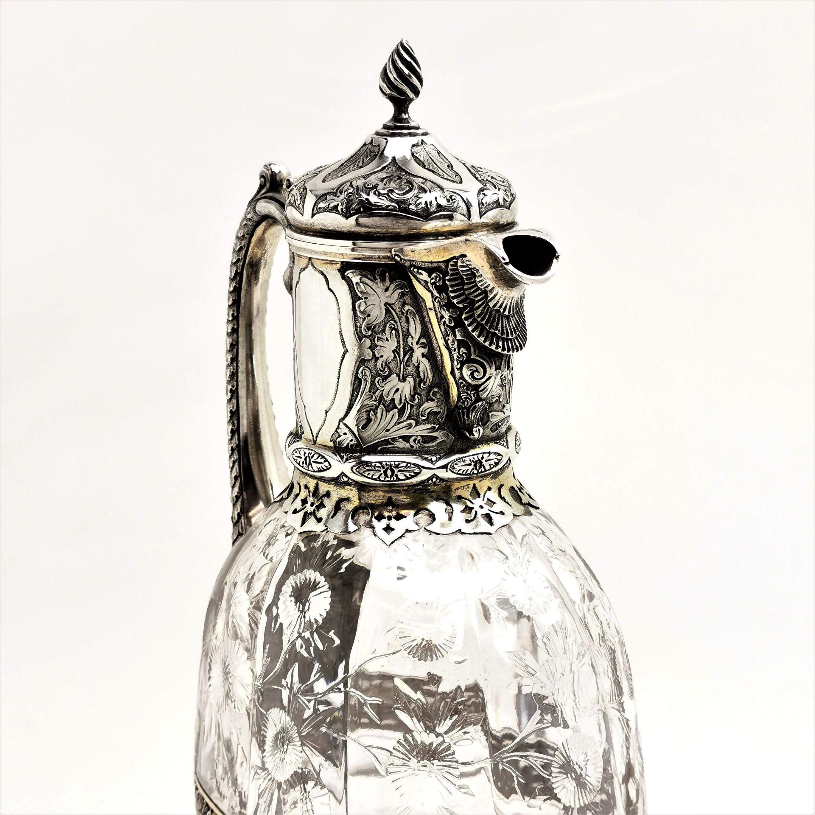 Antique Victorian Sterling Silver & Glass Claret Jug / Wine Jug / Ewer, 1882 1