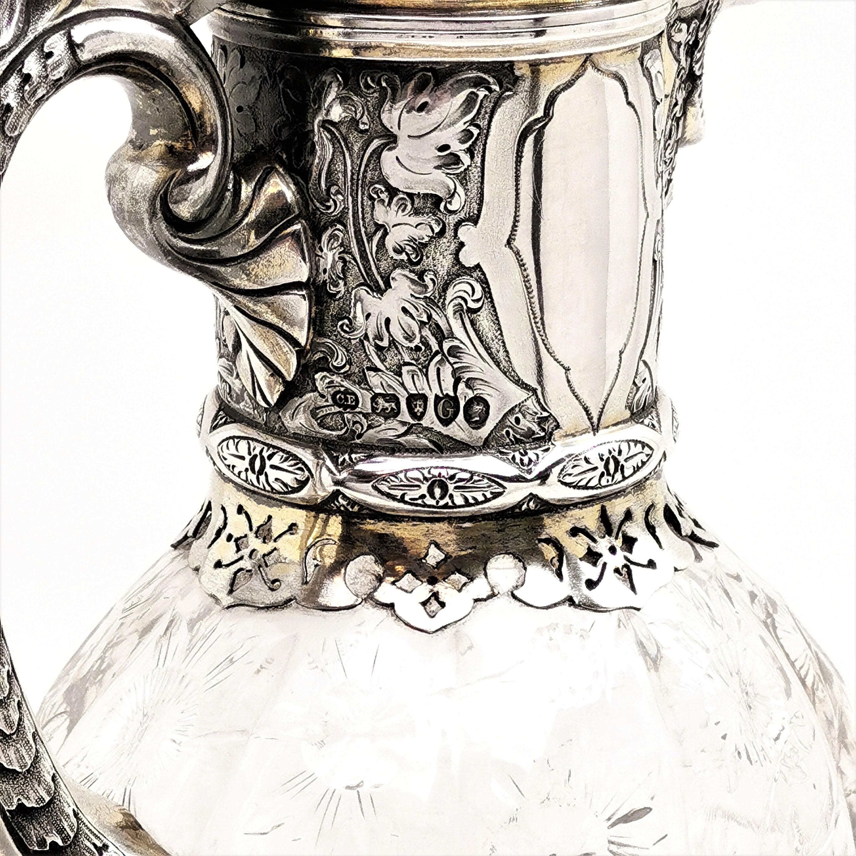 Antique Victorian Sterling Silver & Glass Claret Jug / Wine Jug / Ewer, 1882 2