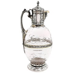 Antique Victorian Sterling Silver & Glass Claret Jug / Wine Jug / Ewer, 1882