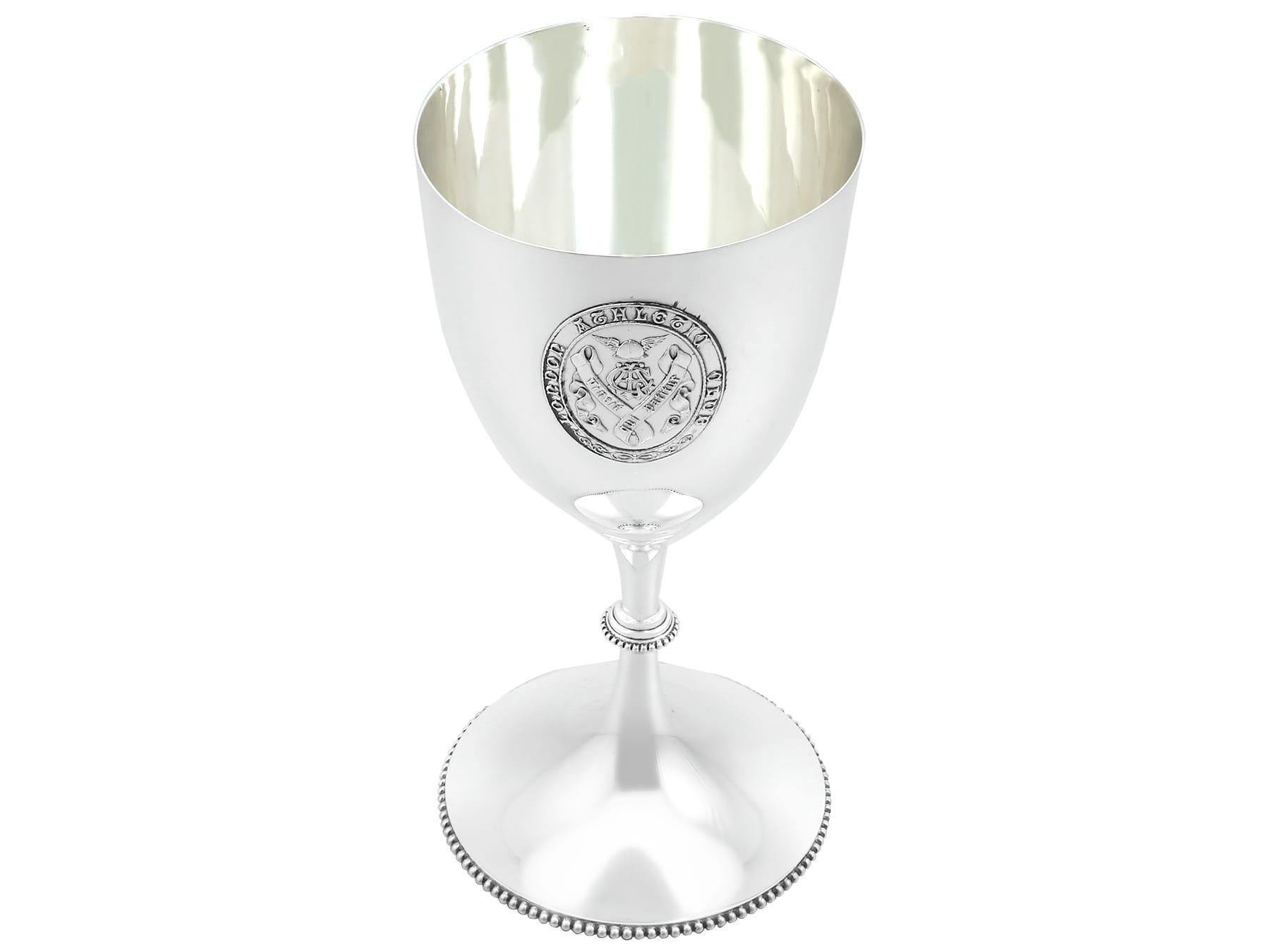 An exceptional, fine and impressive antique Victorian English sterling silver goblet; an addition to our collection of wine and drinks related silverware

This exceptional antique Victorian sterling silver wine goblet has a circular bell-shaped