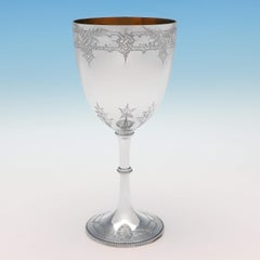 Antique Victorian Sterling Silver Goblet, Naturalistic Engraving, Made in 1876