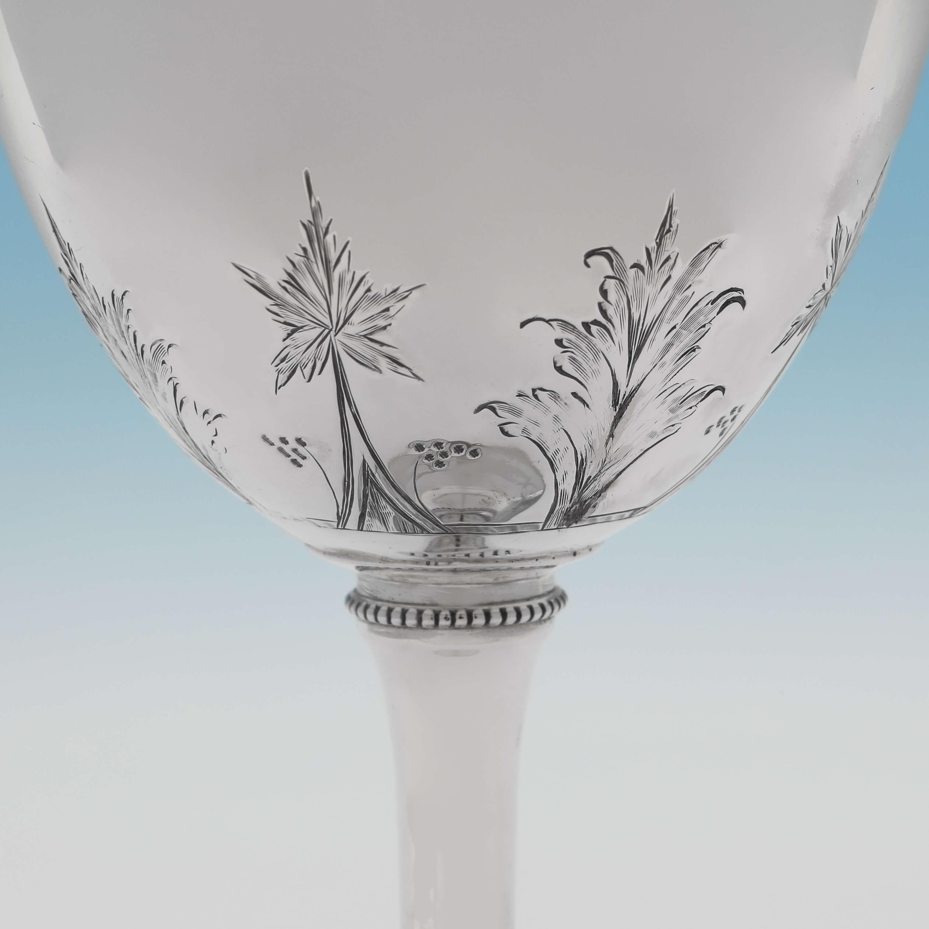 British Antique Victorian Sterling Silver Goblet, Naturalistic Engraving, Made in 1876
