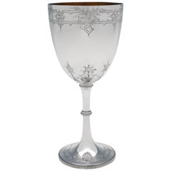 Antique Victorian Sterling Silver Goblet, Naturalistic Engraving, Made in 1876