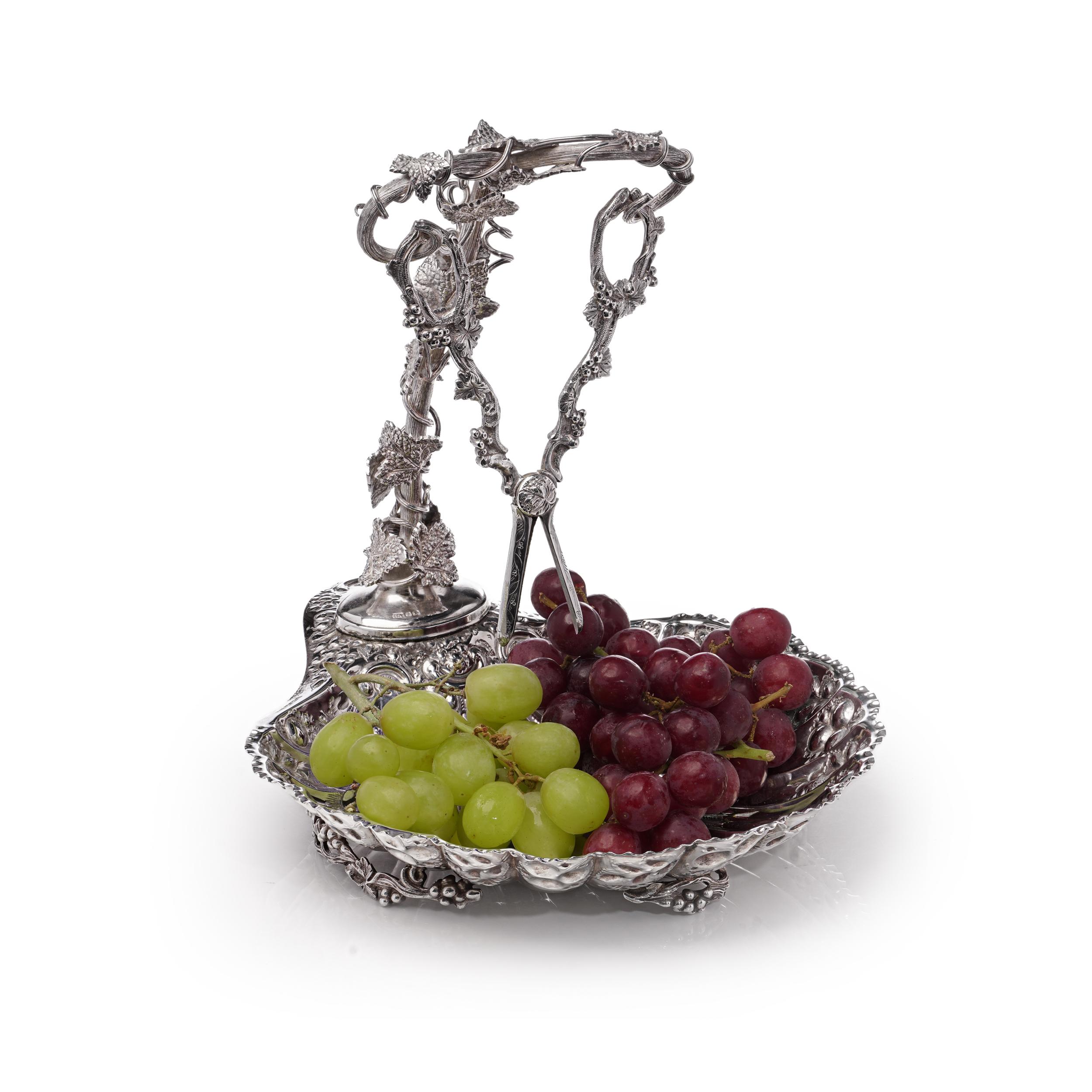 Late 19th Century Antique Victorian Sterling Silver Grape Dish with Grape Scissors For Sale