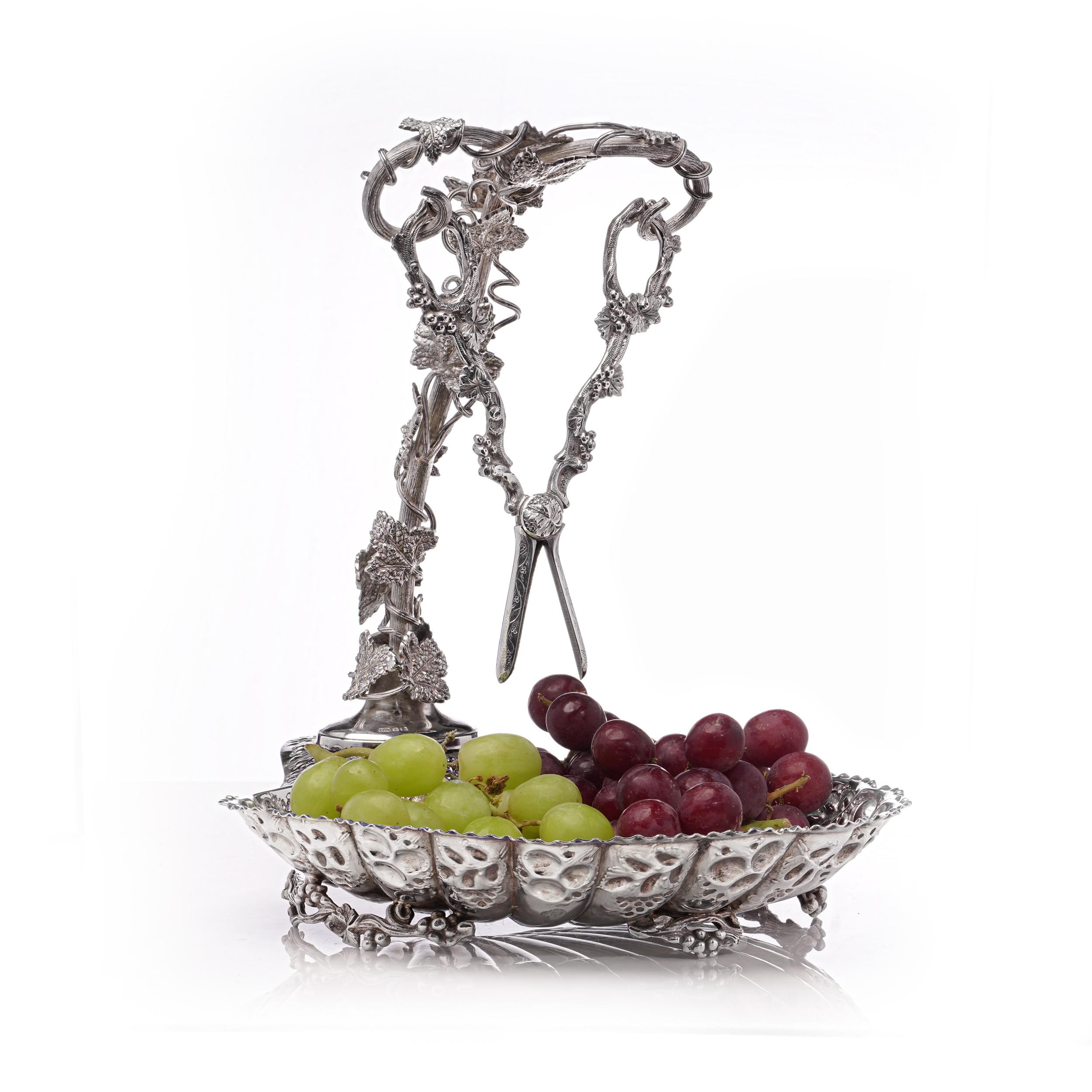 Antique Victorian Sterling Silver Grape Dish with Grape Scissors For Sale 1