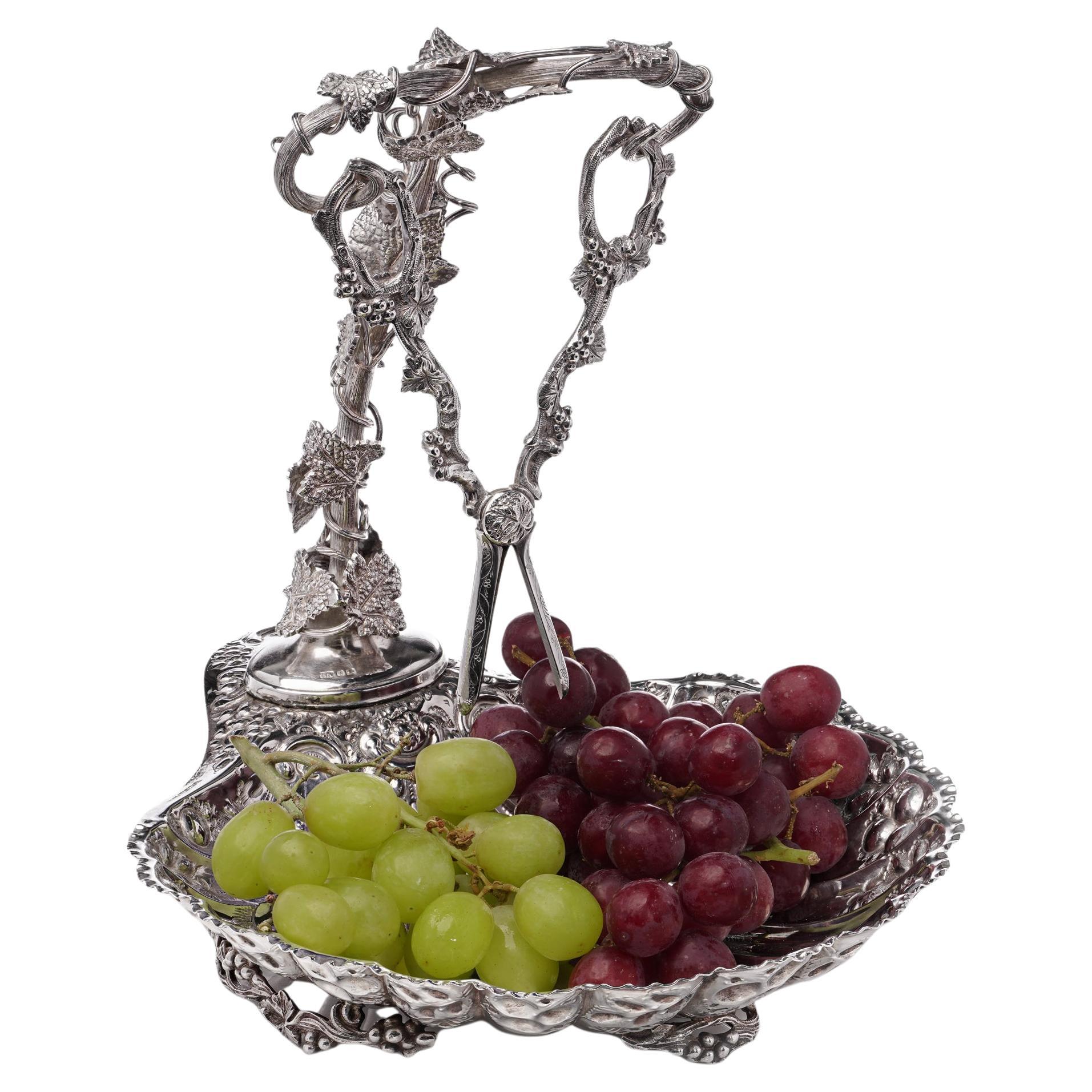 Antique Victorian Sterling Silver Grape Dish with Grape Scissors For Sale