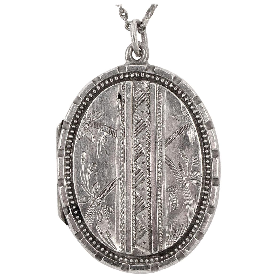 Antique Victorian Sterling Silver Hand Engraved Leaves and Stem Locket and Chain