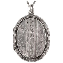 Antique Victorian Sterling Silver Hand Engraved Leaves and Stem Locket and Chain