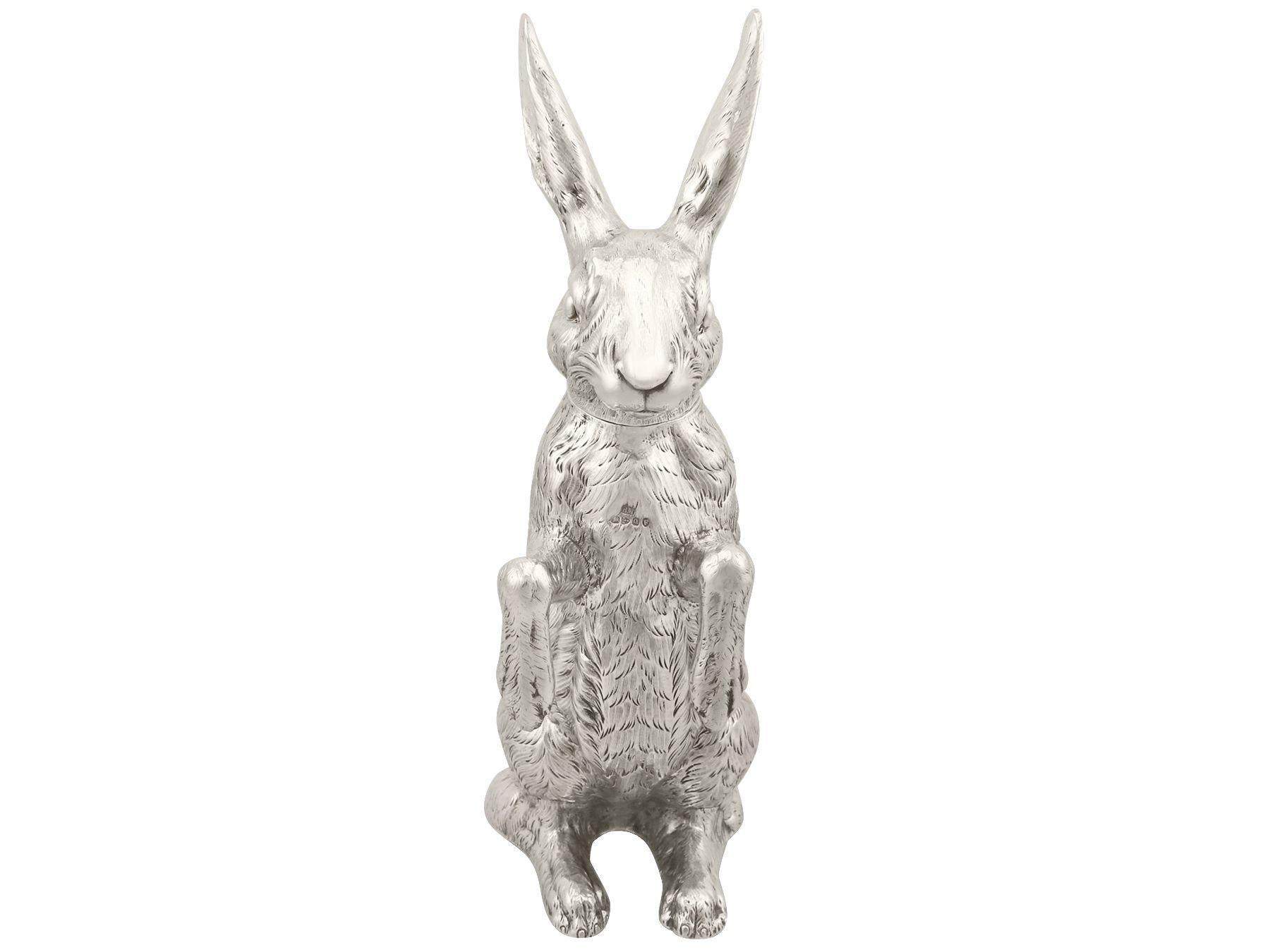 A magnificent, fine and impressive, antique Victorian English sterling silver sugar box realistically modelled in the form of a hare; an addition to our animal related silverware collection.

This magnificent antique 19th century cast sterling