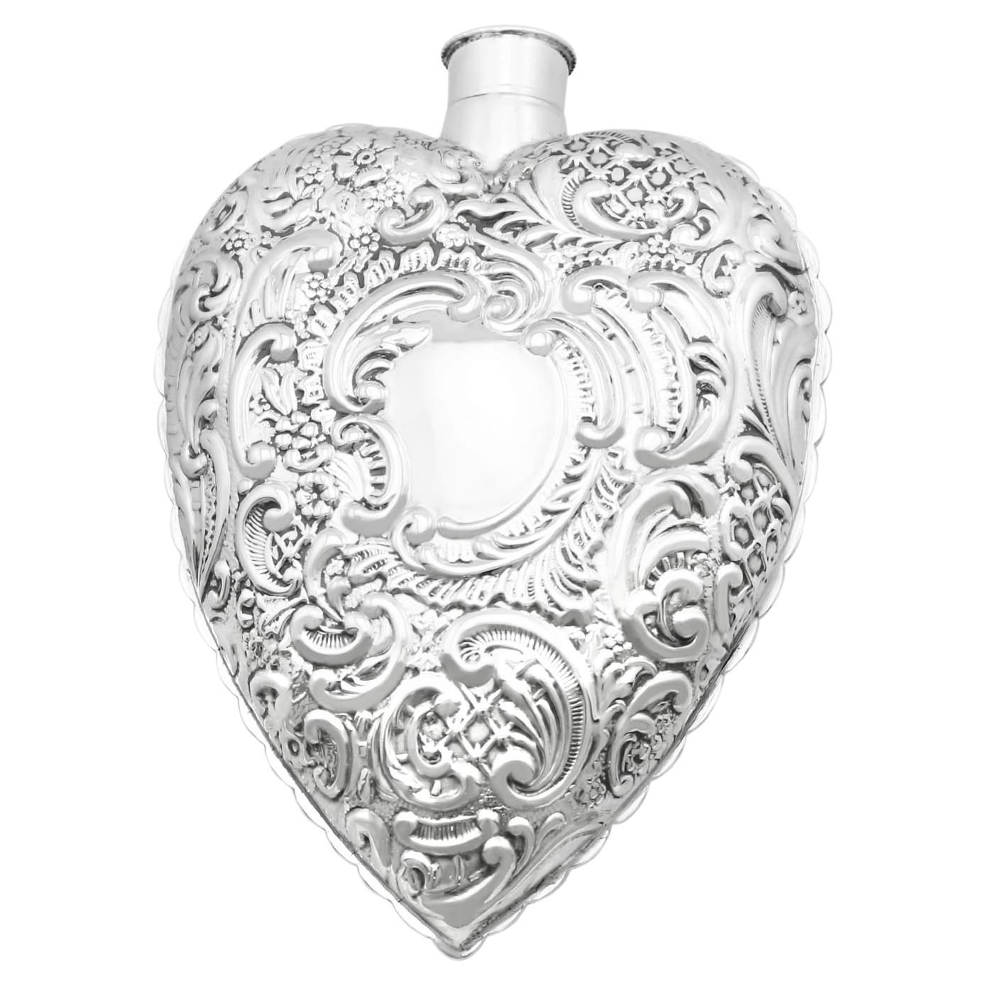 Antique Victorian Sterling Silver Heart Scent Flask For Sale