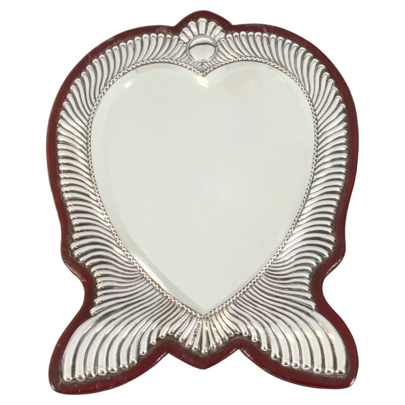 Antiguo espejo de tocador victoriano de plata de ley con forma de corazón Siglo XIX