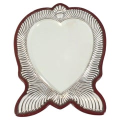 Antiguo espejo de tocador victoriano de plata de ley con forma de corazón Siglo XIX