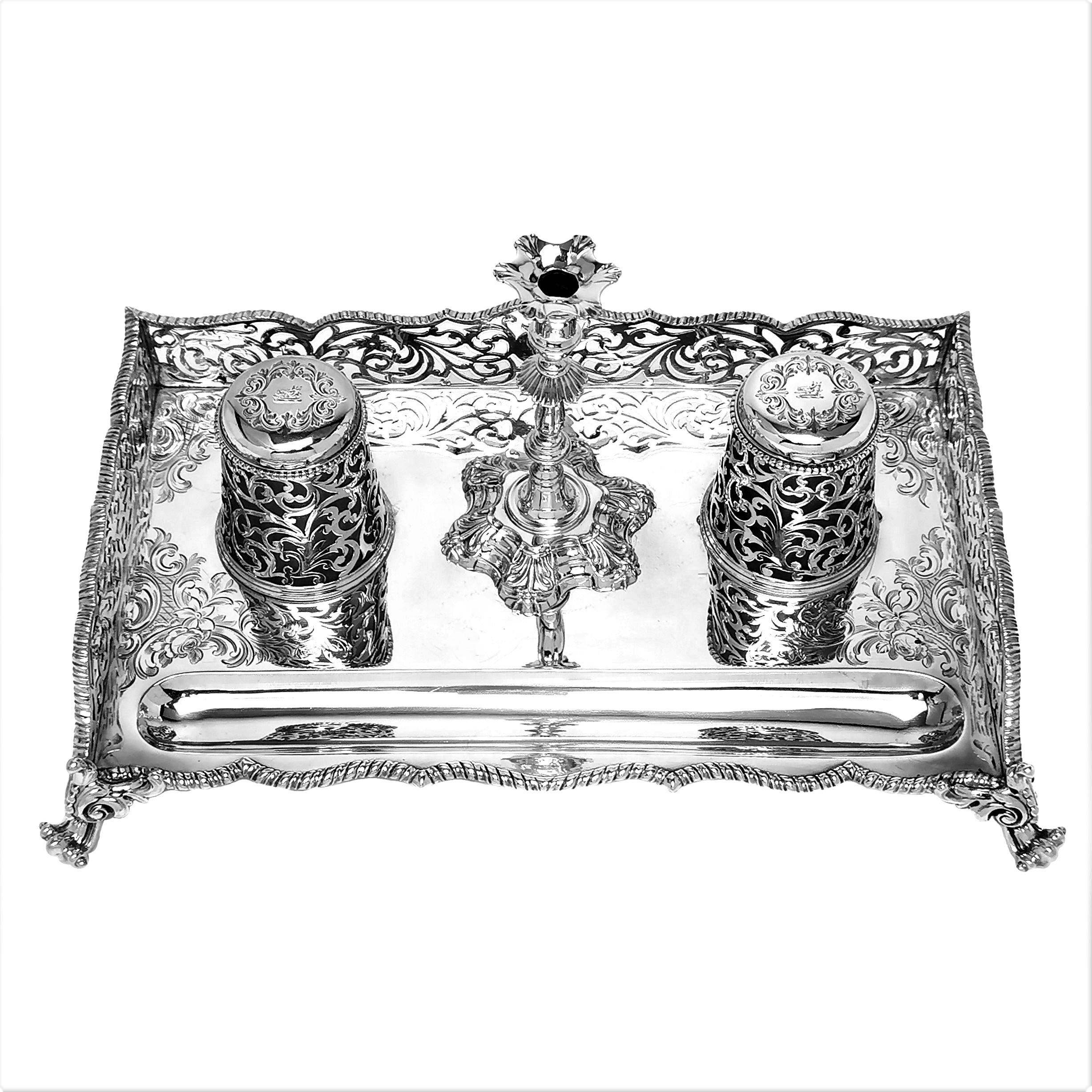 English Antique Victorian Sterling Silver Ink Stand / Inkwell with Taper Stick 1851 For Sale