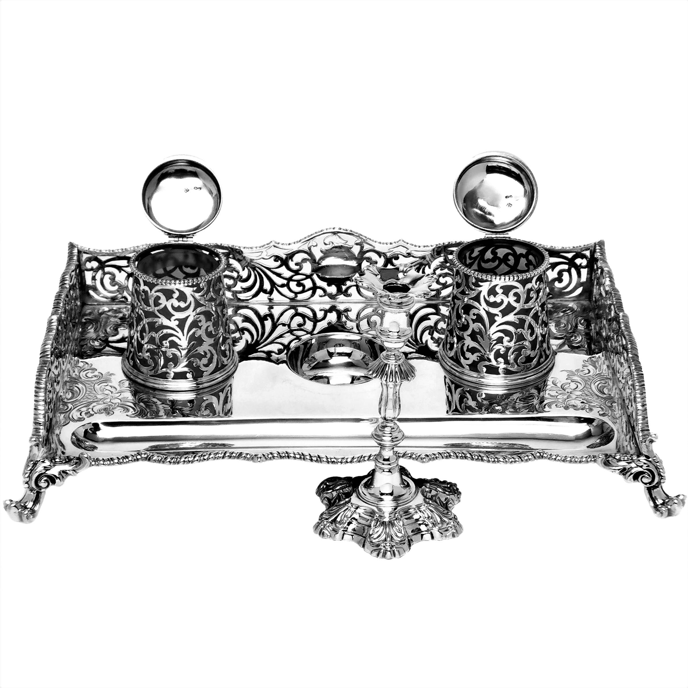19th Century Antique Victorian Sterling Silver Ink Stand / Inkwell with Taper Stick 1851 For Sale