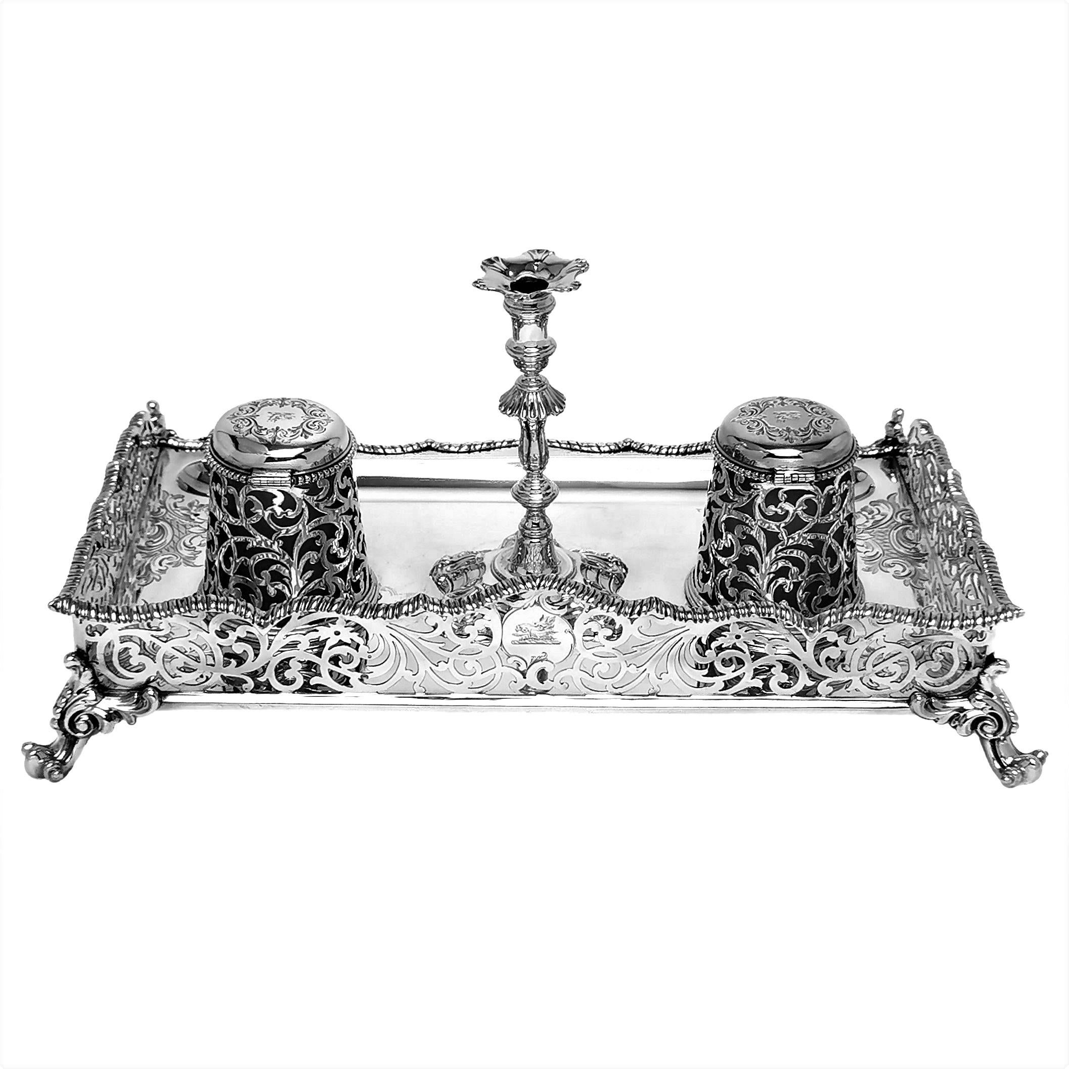 Antique Victorian Sterling Silver Ink Stand / Inkwell with Taper Stick 1851 For Sale 1