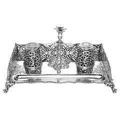 Antique Victorian Sterling Silver Ink Stand / Inkwell with Taper Stick 1851
