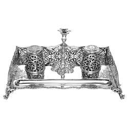 Antique Victorian Sterling Silver Ink Stand / Inkwell with Taper Stick, 1851