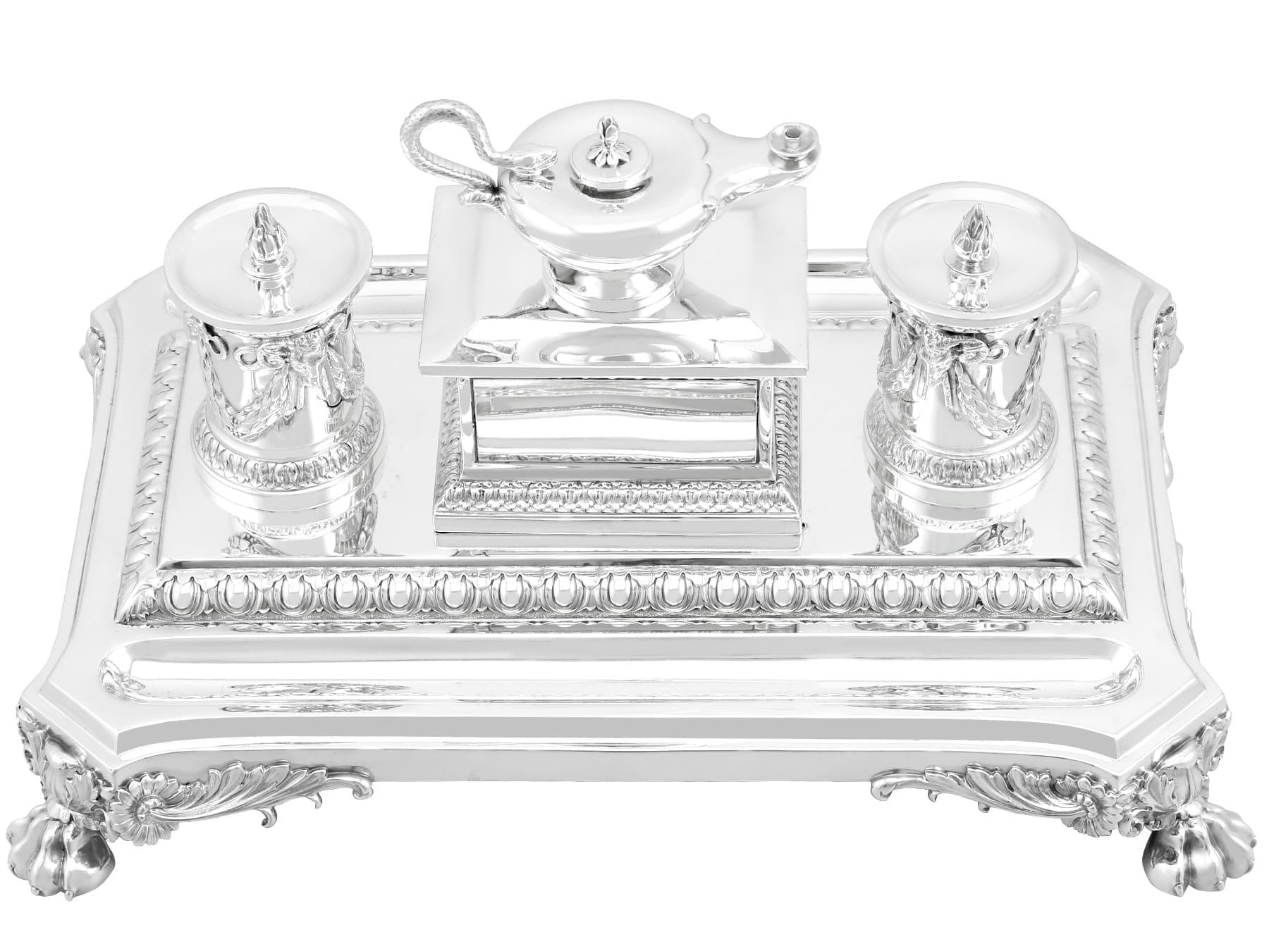A magnificent, fine and impressive antique Victorian English sterling silver inkstand / desk standish; an addition to our ornamental silverware collection

This magnificent, fine and impressive antique Victorian sterling silver inkstand / desk