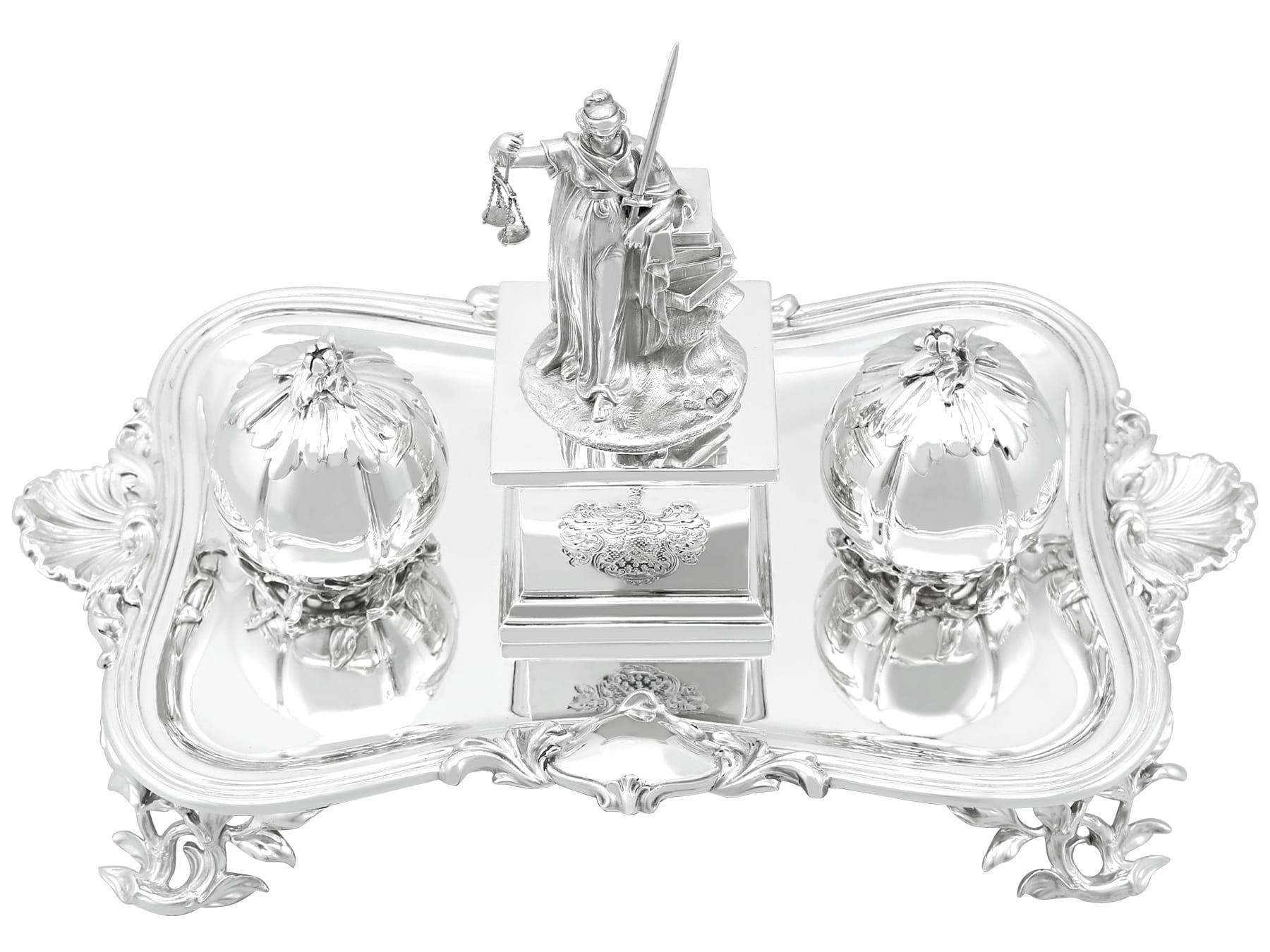 A magnificent, fine and impressive antique Victorian English sterling silver inkstand / desk standish; an addition to our ornamental silverware collection

This magnificent, fine and impressive antique Victorian inkstand in sterling silver has a