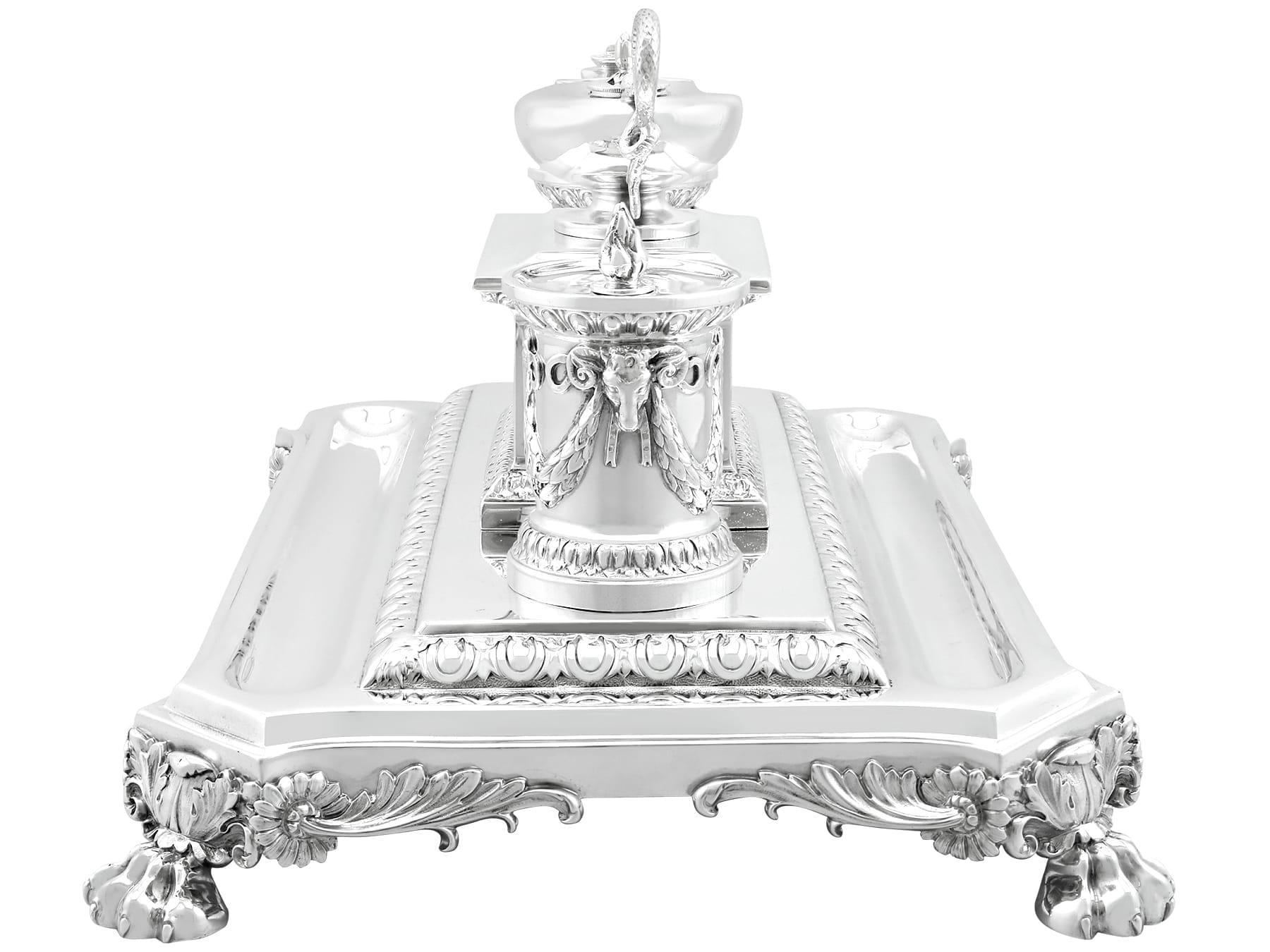 19th Century Antique Victorian Sterling Silver Inkstand / Desk Standish For Sale
