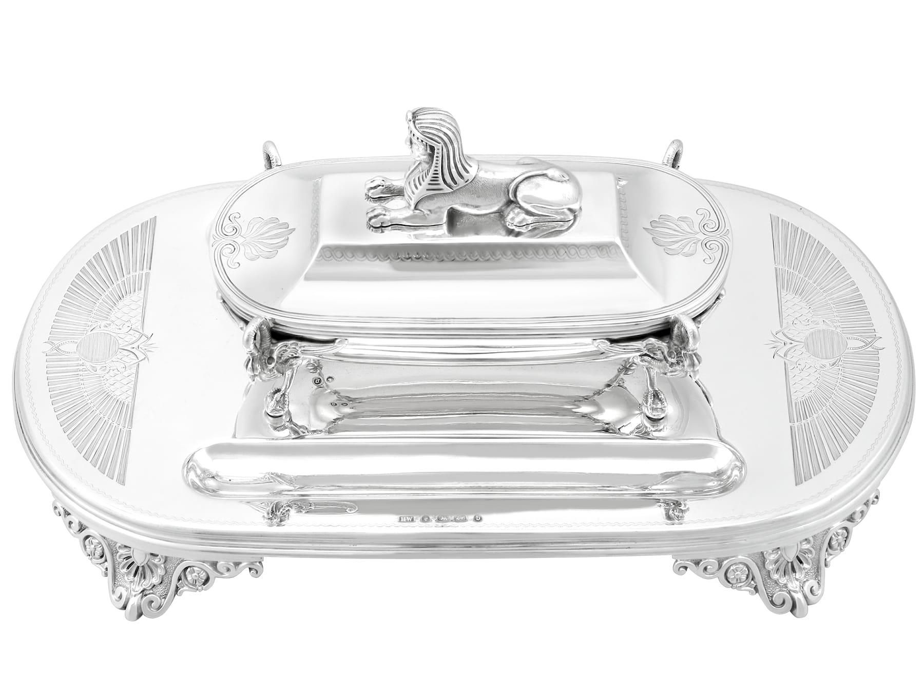 An exceptional, fine and impressive, unusual and rare antique Victorian English sterling silver desk standish; an addition to our ornamental silverware collection

This exceptional, unusual and rare antique Victorian sterling silver desk standish