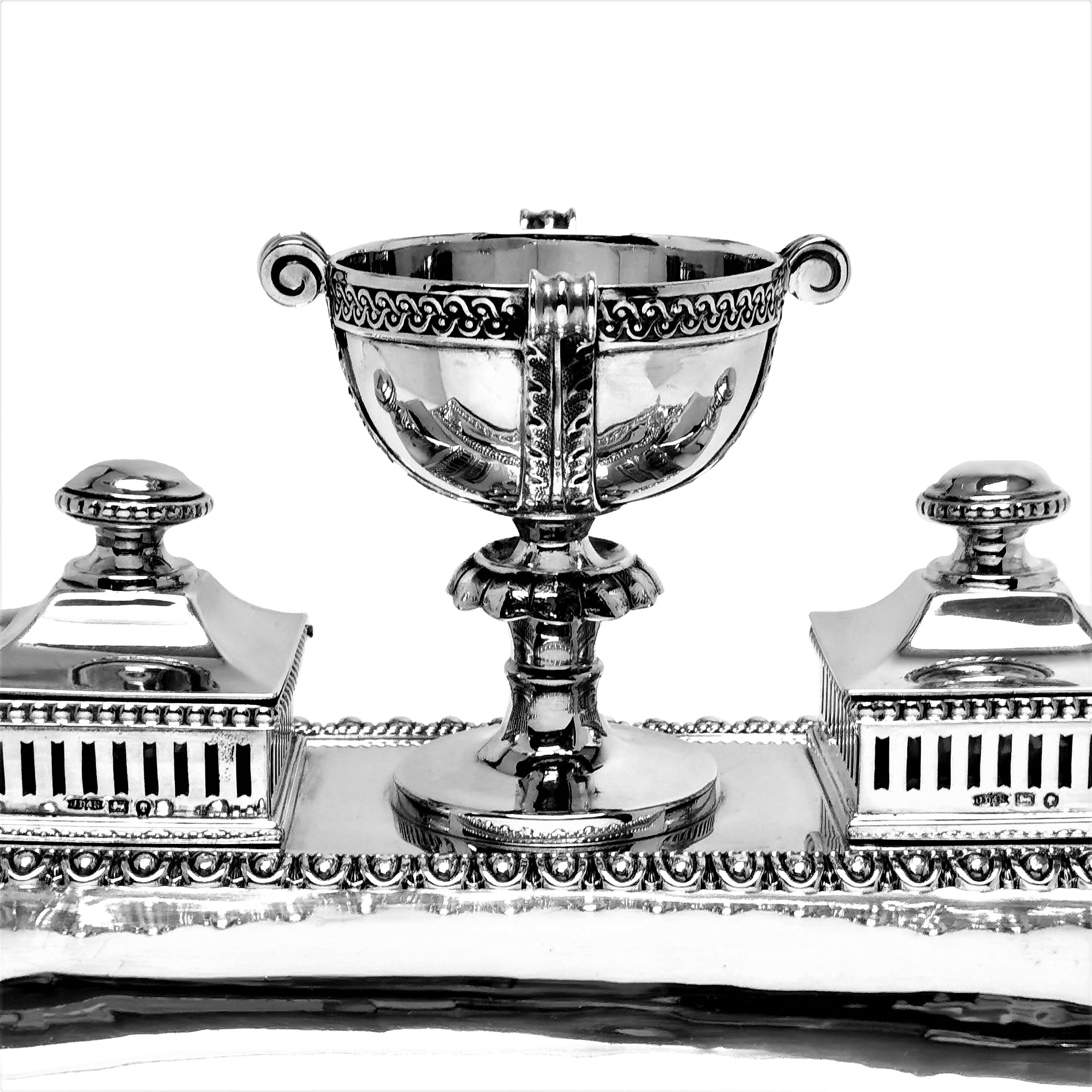 English Antique Victorian Sterling Silver Inkstand / Inkwell / Desk Tidy 1871 For Sale