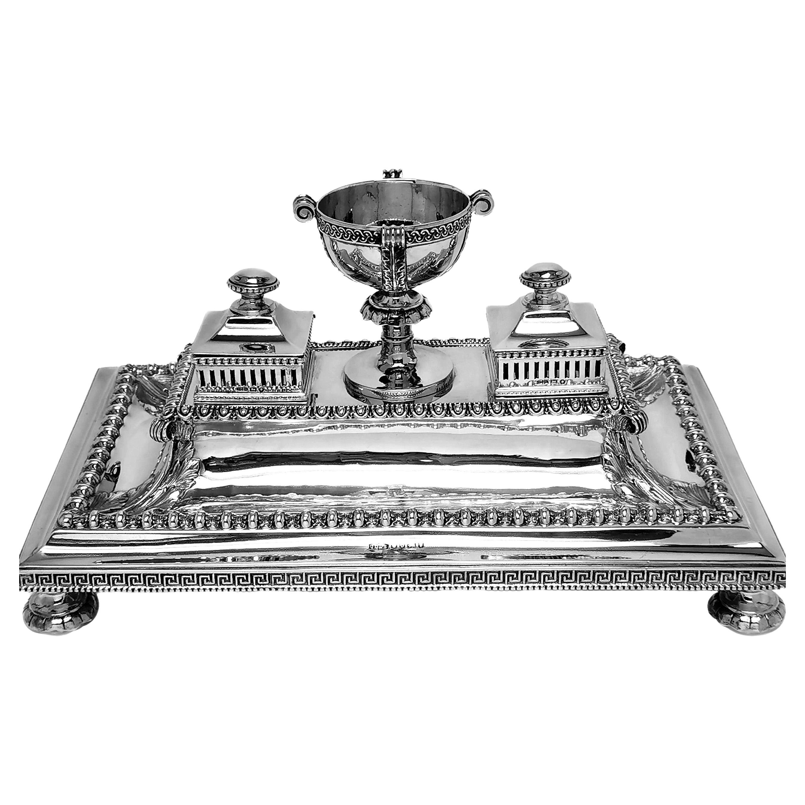 Antique Victorian Sterling Silver Inkstand / Inkwell / Desk Tidy 1871