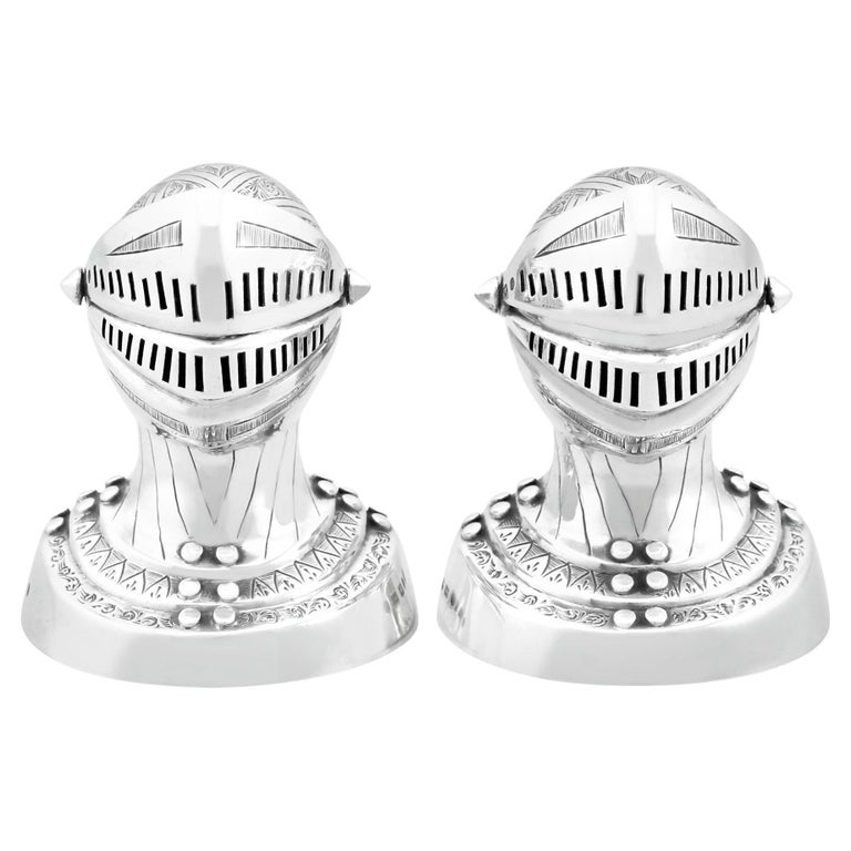 Victorian Sterling Silver Knight Helmet Peppers  For Sale