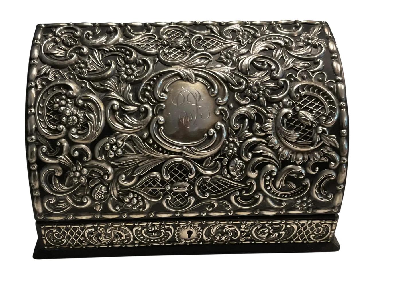 British Antique Victorian Sterling Silver & Leather Document Box For Sale