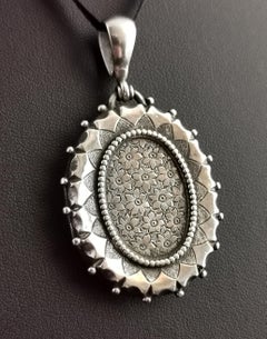 Antique Victorian Sterling Silver Locket Pendant, Forget Me Not Flowers