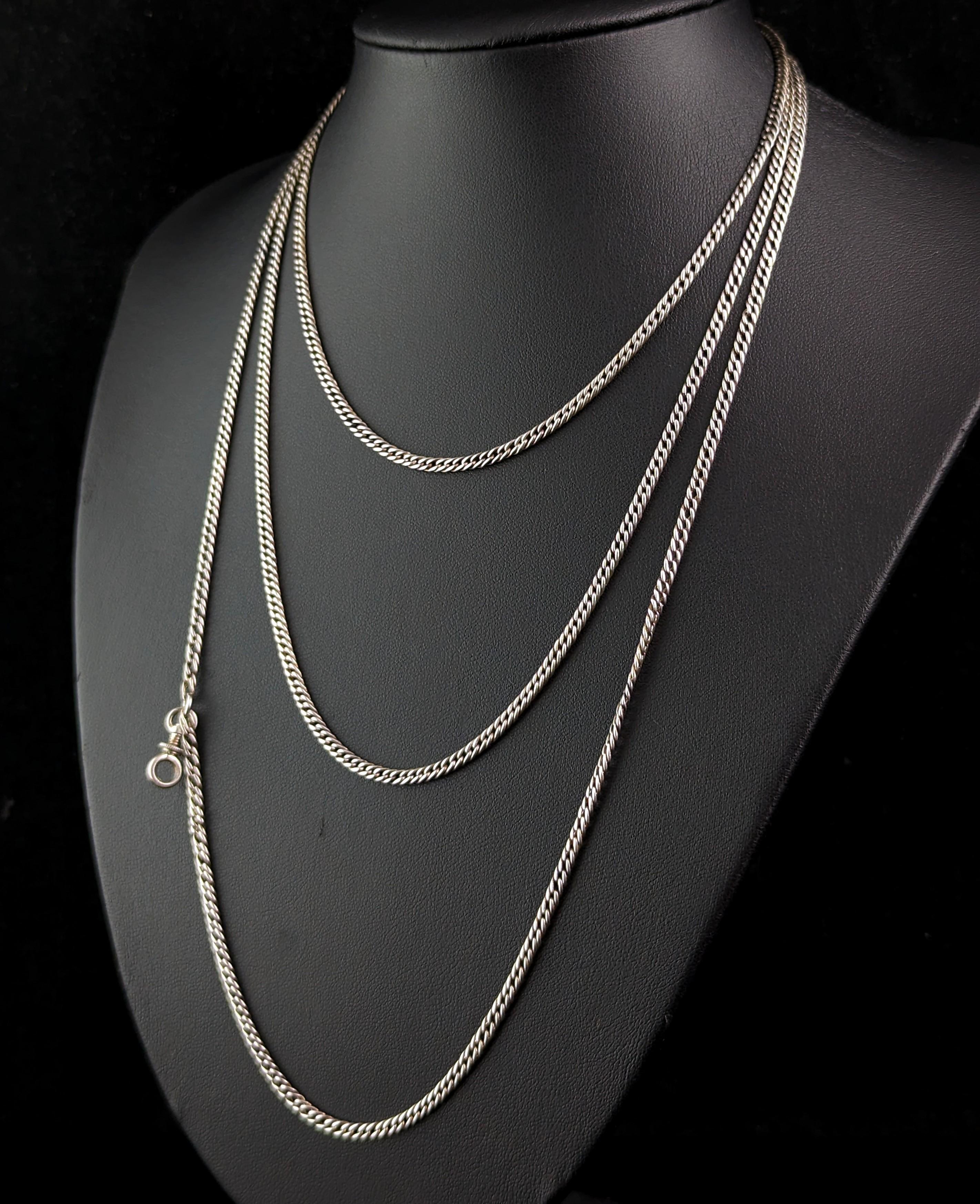 Women's or Men's Antique Victorian sterling silver long chain necklace, Curb link 