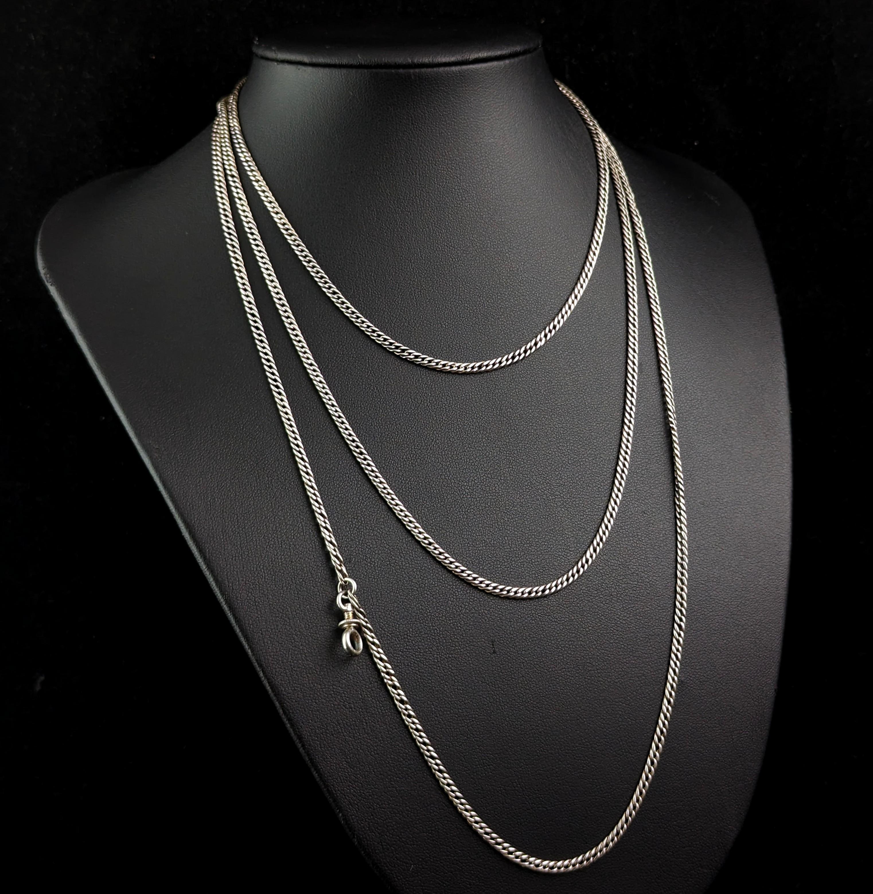 Antique Victorian sterling silver long chain necklace, Curb link  1