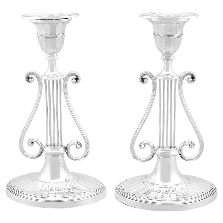 Antique Victorian Sterling Silver Lyre Candlesticks For Sale at 1stDibs